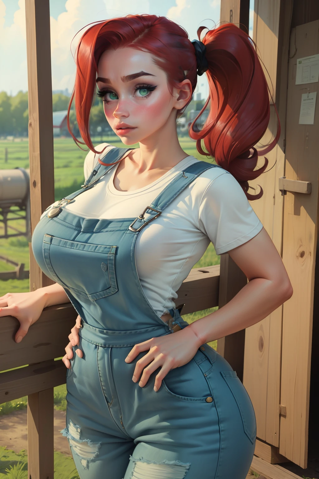 ((masterpiece)),(best quality),(detailed), 1girl, solo, red hair, ponytail, green eyes, farmer girl, denim overalls, huge breasts