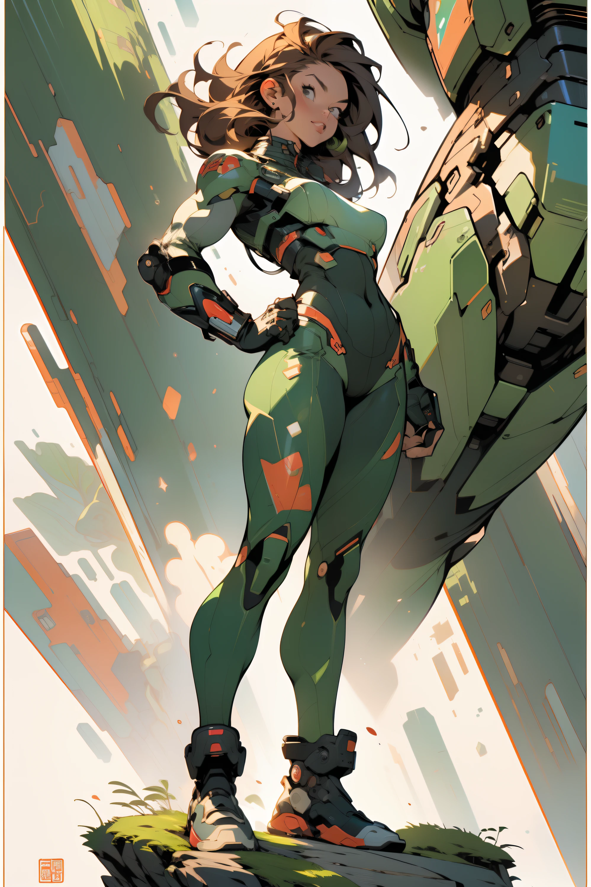 ((Best quality)), ((masterpiece)), (detailed: 1.4), (Absurd), (((full body)), (((woman))), 35-year-old woman, Beautiful muscular woman, giant robot pilot, wild with perfect body, wearing little clothing, tiny thong, clothing with Japanese graphic patterns, halftone pattern and vertical stripes, moss green