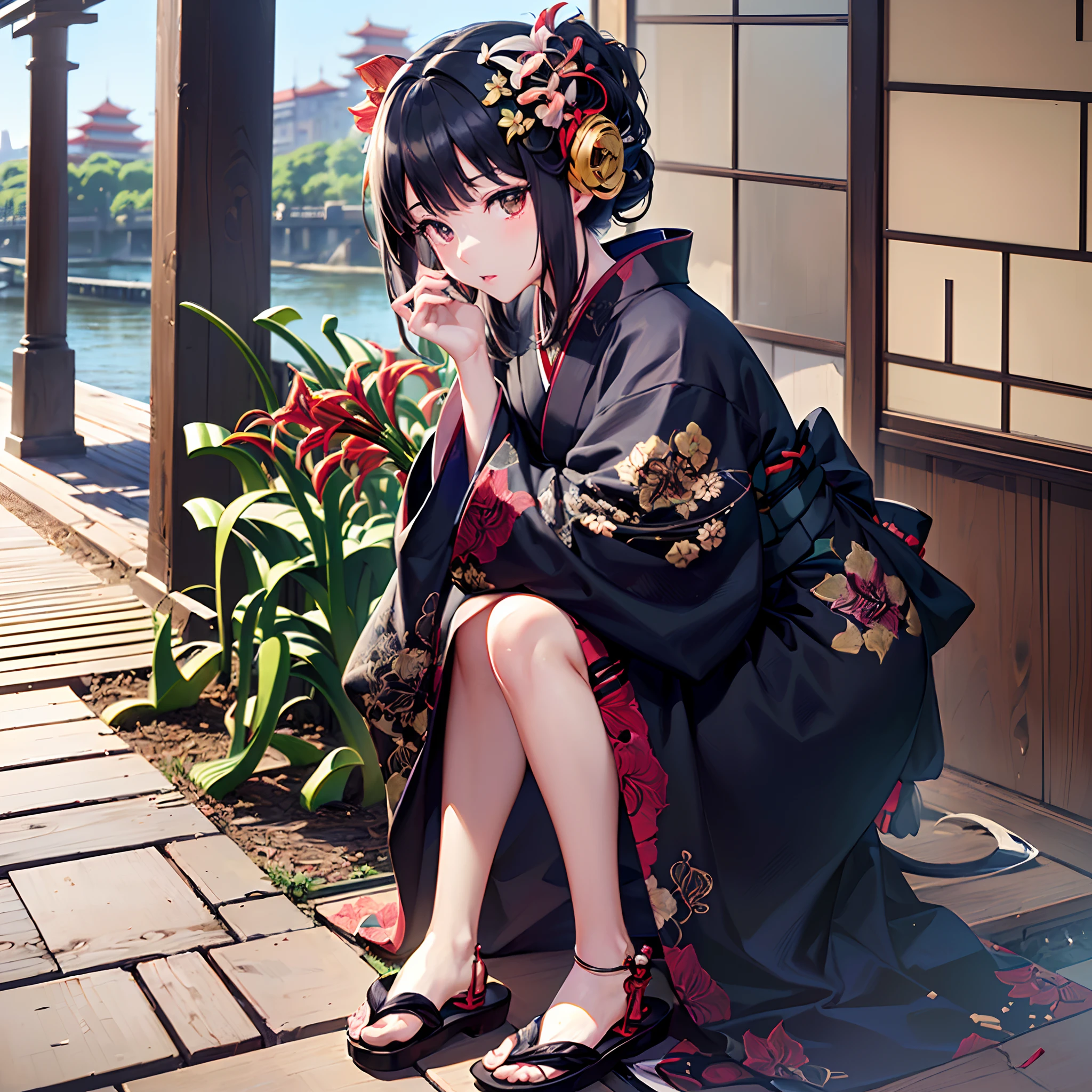 (Finest quality)),(超A high resolution),(ultra-detailliert),(Meticulous portrayal),((Best Anime)),(Finest works of art),Ultra-Precision Art,The art of astounding depiction,horor:1.8, (amaryllis:1.5),(Akai Riverbank:1.5), ((Woman in black kimono),deadpan,Sandals:1.6