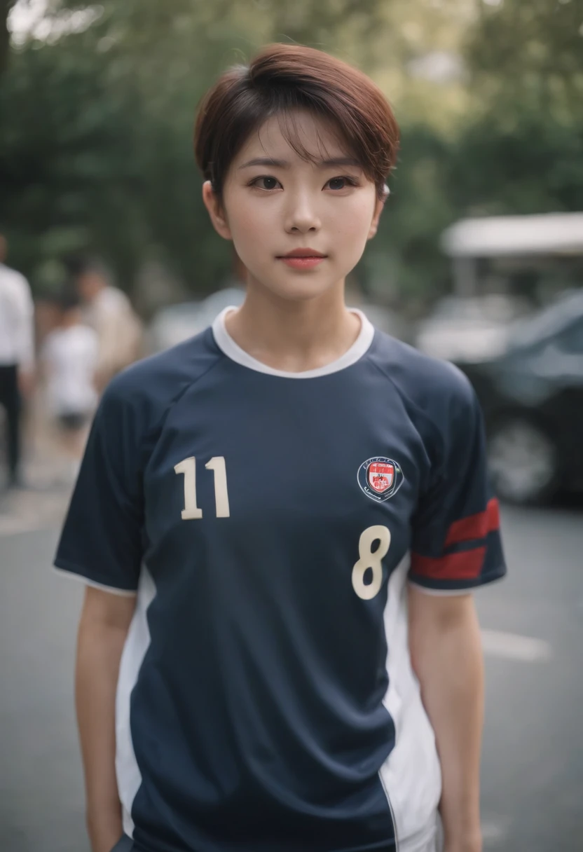 japanes、25 only、short-haired、football uniform、looking in camera, Street Photography Grapugie, Straight Posing, Perfect Lighting, deepshadow, Best Quality, masutepiece, 超A high resolution, Photorealistic