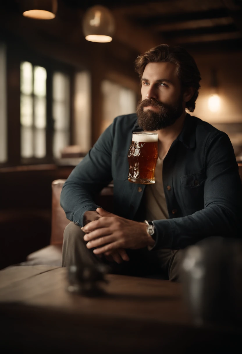 Starker mittelalterlicher Deutscher, glatze, muscular, haarige arme, medieval germany, drinking maßbier, big glass of beer, stehend im Weizenfeld, Sonne, Sommer, ultra realistisch, heldenhaft, durstig, Schloss im Hintergrund, fotorealistische, gloomy concept art, 3d render art --auto