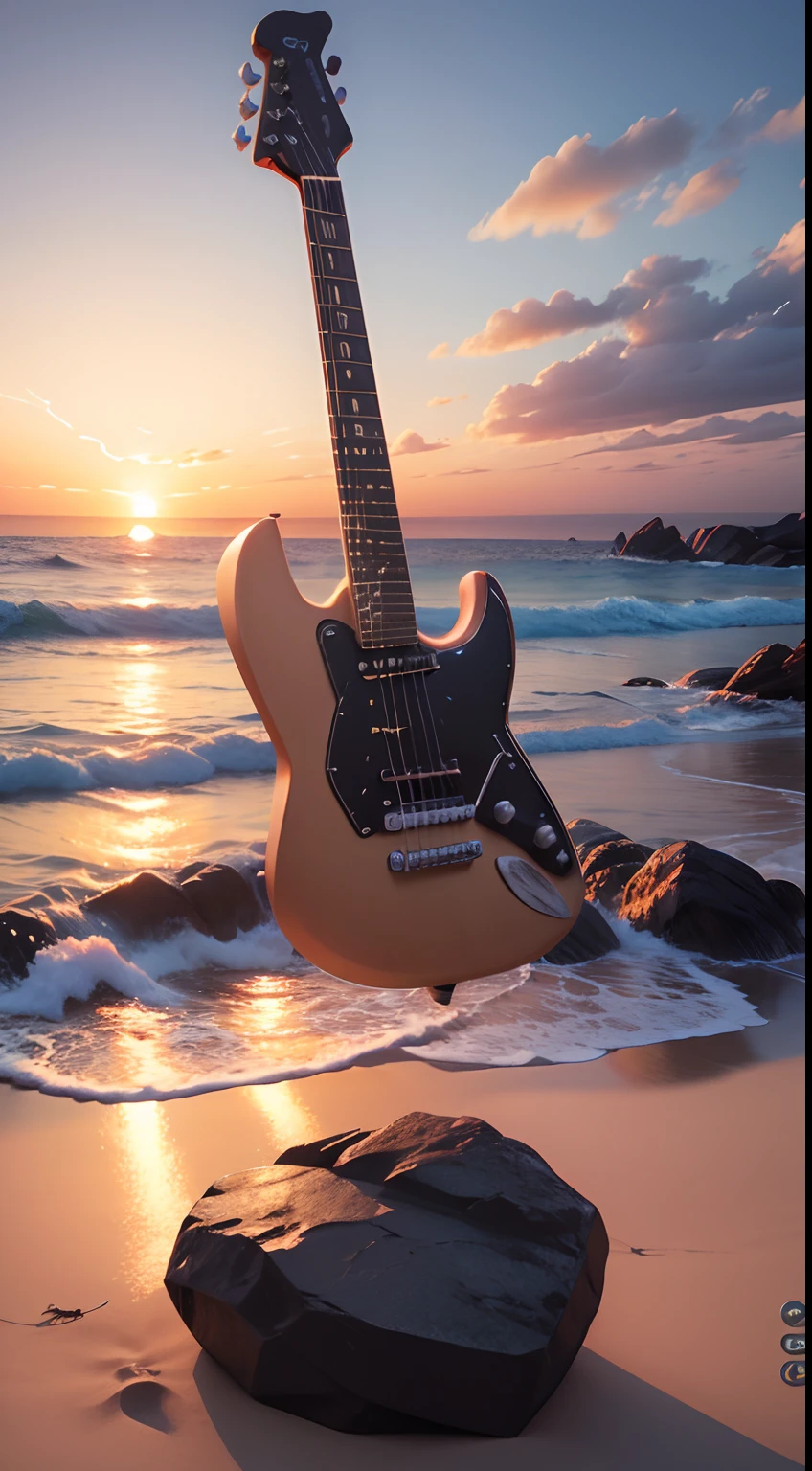 beach,rock guitar,sunset,magical,hd,ultra details,octane render,dinamis,action perspective,3d
