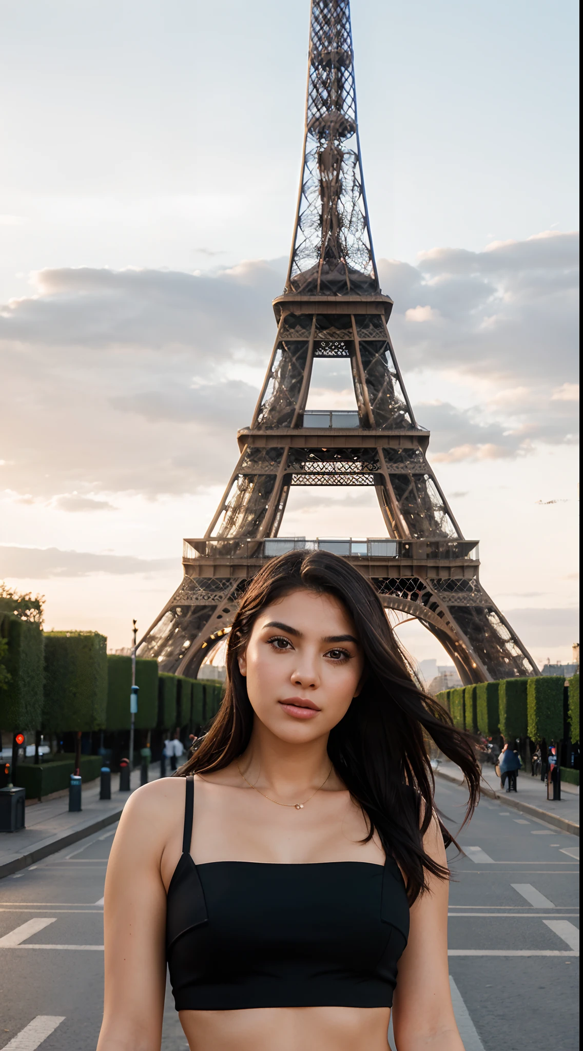 "Analyze the image in RAW format with the title 'REST OF THE DIGITAL DREFLEX (kkw-ph1:0.9)' representing a young woman in her 20s. Describes your facial expression and how it relates to the background environment, which includes the Eiffel Tower in Paris. Highlights the visual elements that make this image appealing from a stylistic and compositional perspective."