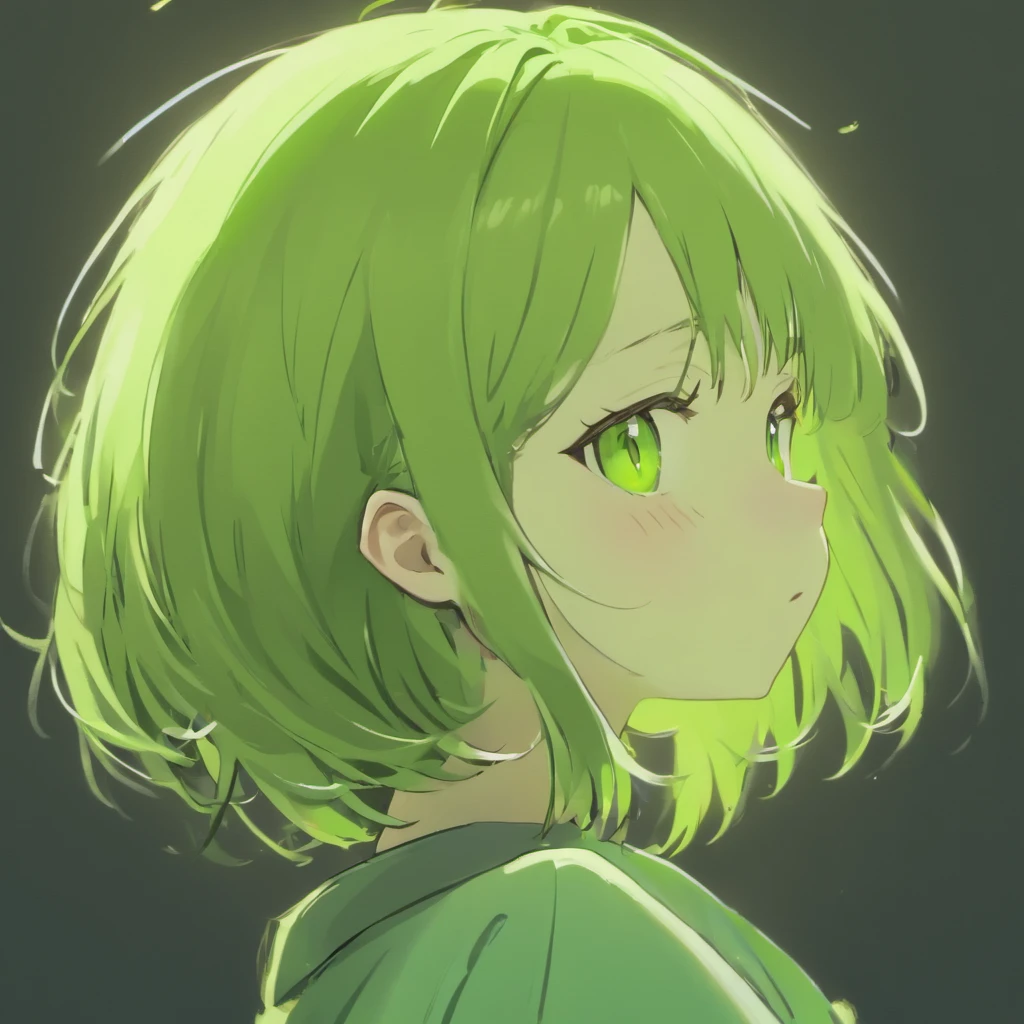 ((((((Anime style、Anime color scheme、 Less hair highlights, Animating dialogs)))))), (((1 girl, Solo, Alone))),(((solid black background))),(Cartoonish style, quadratic element, Simple Color Scheme) , (facing front、Natural posture, upright posture),((((Wearing a white baggy shirt and chef pants )))), ((((Emphasis on image quality, top-quality, in 8K, masterpiece, 超A high resolution)))), (crisp lines, Crisp Contours),((((shoulder length hair、Hair color is lime green, Wavy Hair)))), (Anime, big eye, Deformation, Cute, Anime Character, It features a simple, Eye Highlight, Simple little nose), ((((boyish, Serious, Cool))))