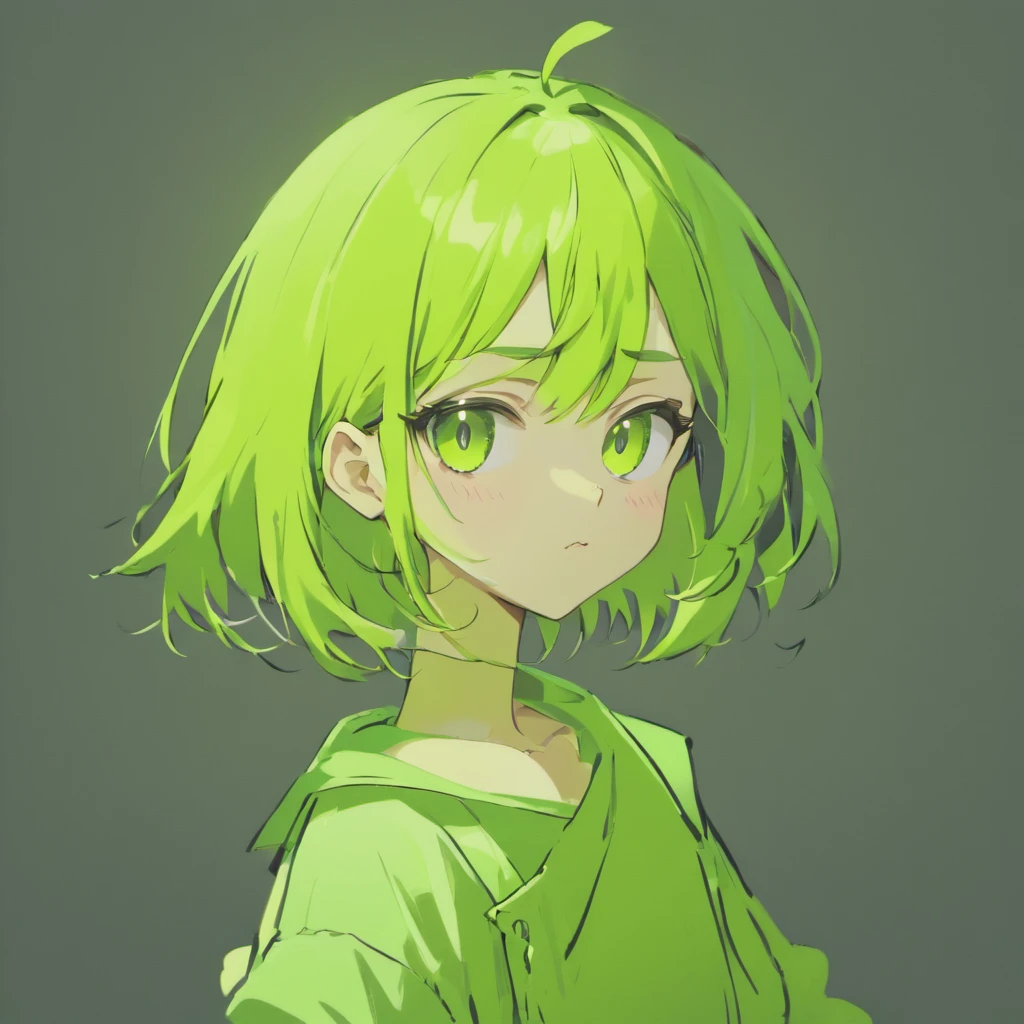 ((((((Anime style、Anime color scheme、 Less hair highlights, Animating dialogs)))))), (((1 girl, Solo, Alone))),(((solid black background))),(Cartoonish style, quadratic element, Simple Color Scheme) , (facing front、Natural posture, upright posture),((((Wearing a white baggy shirt and chef pants )))), ((((Emphasis on image quality, top-quality, in 8K, ​masterpiece, 超A high resolution)))), (crisp lines, Crisp Contours),((((shoulder length hair、Hair color is lime green, Wavy Hair)))), (Anime, big eye, Deformation, Cute, Anime Character, It features a simple, Eye Highlight, Simple little nose), ((((boyish, Serious, Cool))))
