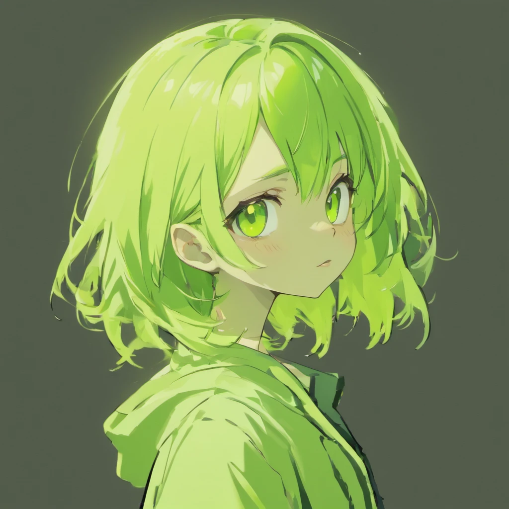 ((((((Anime style、Anime color scheme、 Less hair highlights, Animating dialogs)))))), (((1 girl, Solo, Alone))),(((solid black background))),(Cartoonish style, quadratic element, Simple Color Scheme) , (facing front、Natural posture, upright posture),((((Wearing a white baggy shirt and chef pants )))), ((((Emphasis on image quality, top-quality, in 8K, masterpiece, 超A high resolution)))), (crisp lines, Crisp Contours),((((shoulder length hair、Hair color is lime green, Wavy Hair)))), (Anime, big eye, Deformation, Cute, Anime Character, It features a simple, Eye Highlight, Simple little nose), ((((boyish, Serious, Cool))))