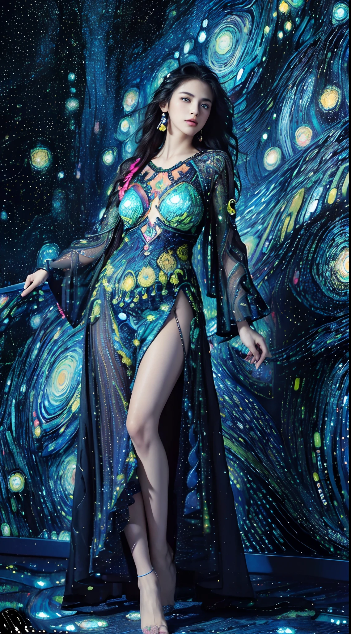 (masterpiece, top quality, best quality, official art, beautiful and aesthetic:1.2), (1 beautiful woman:1.3), extremely detailed,(fractal art:1.2),colorful,highest detailed,( zentangle neon:1.2), (dynamic pose), ( Starry Night background neon:1.5), (treditional dress:1.2), (shiny skin), (many colors:1.4), full body , perfect body, perfect eyes, Neon, 16K, Full HD