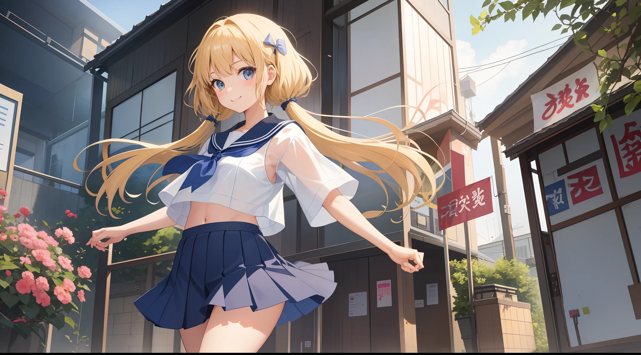 1girl in、delicate girl、A smile、short shirt、short skirt、（small tits）Chilarism、Japan High School Student Uniform、serafuku、summer clothing、（Sheer Bra）、Upper body portrait、the wind、blonde  hair、