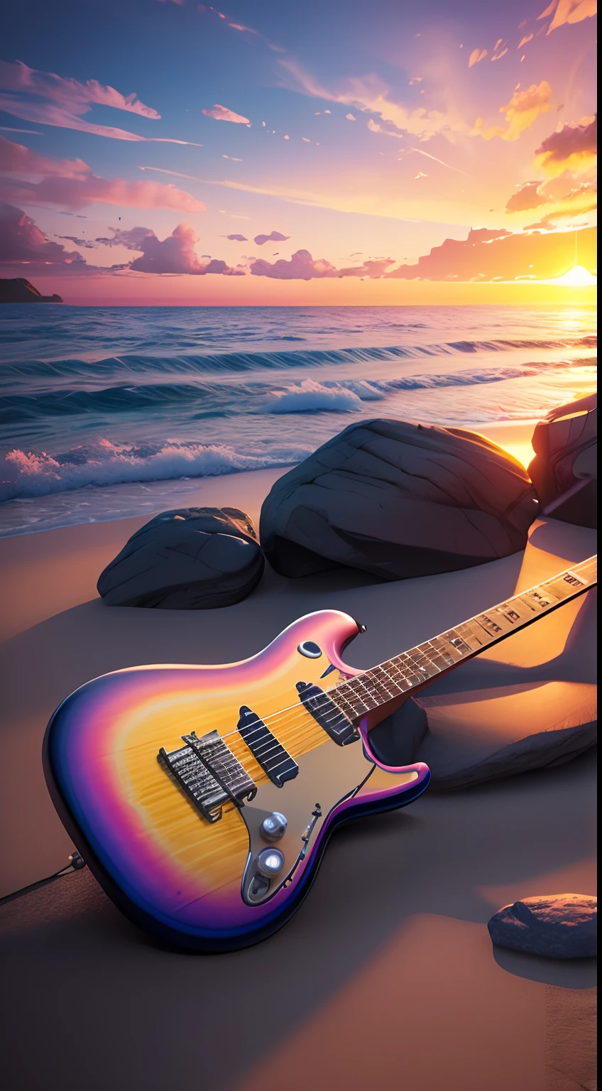 beach,rock guitar,sunset,magical,hd,ultra details,octane render,dinamis,action perspective,3d,vibrant colors,colorfull