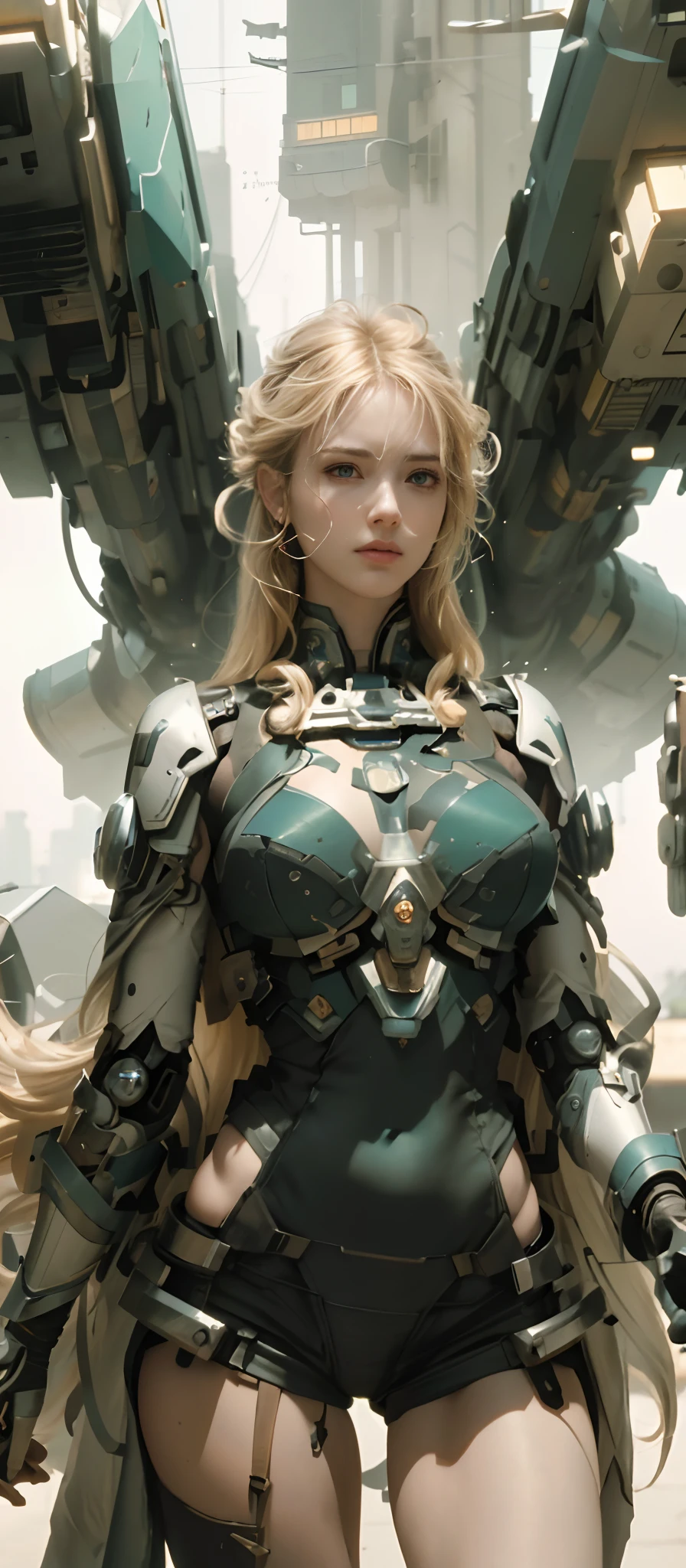 NSFW, Masterpiece, Best Quality, Cinema, Official Art, Propaganda Art, Cinema Wallpaper, Very Detailed CG Unified 4k Wallpaper, Intricate Details, White Background, Upper Body, Facial Focus, Concept Art, Production Art, ( , highres, (realistic, photo-realistic:1.2), physically-based rendering, machinery, reflection, realistic, cyberpunk, symmetric front view close up head shot eyes symmetry face very sharp focus realistic award winning matte drawing movie light 1 boy, mecha, (Illustration: 1.1), slender, big breasts, fair skin, delicate face, king robe, shine, tights, (long blonde hair), green eyes, battlefield, chip, shine, long sword