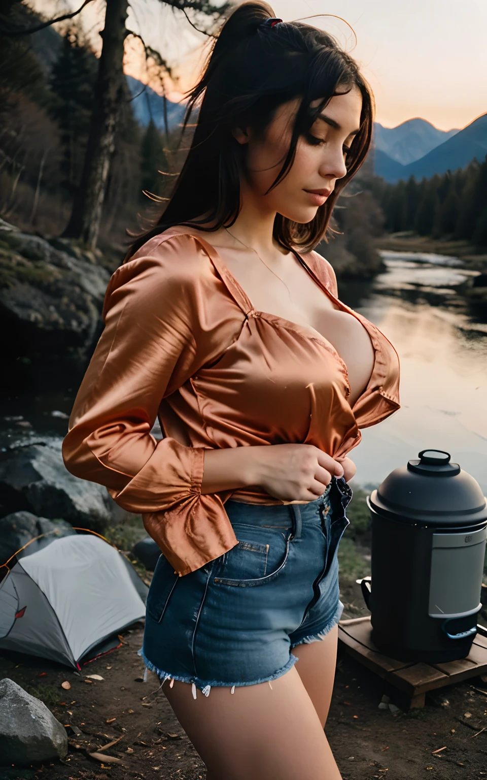 Kodak disposable camera photo of a beautiful female, wearing a silk camisole, full body, masterpiece, best quality, ultra-detailed, solo, outdoor, (night), mountains, nature, (stars, moon) cheerful, happy, backpack, sleeping bag, camping stove, water bottle, country boot,red plaid shirt long sleeve open, forest, rocks, river, wood, smoke, shadows, contrast, clear sky, style, (warm hue, warm tone: 1.2), close-up, cinematic light, side lighting, ultra high resolution, best shadow, RAW, upper body, seductive look, huge breasts, 4k, open neckline, sexy