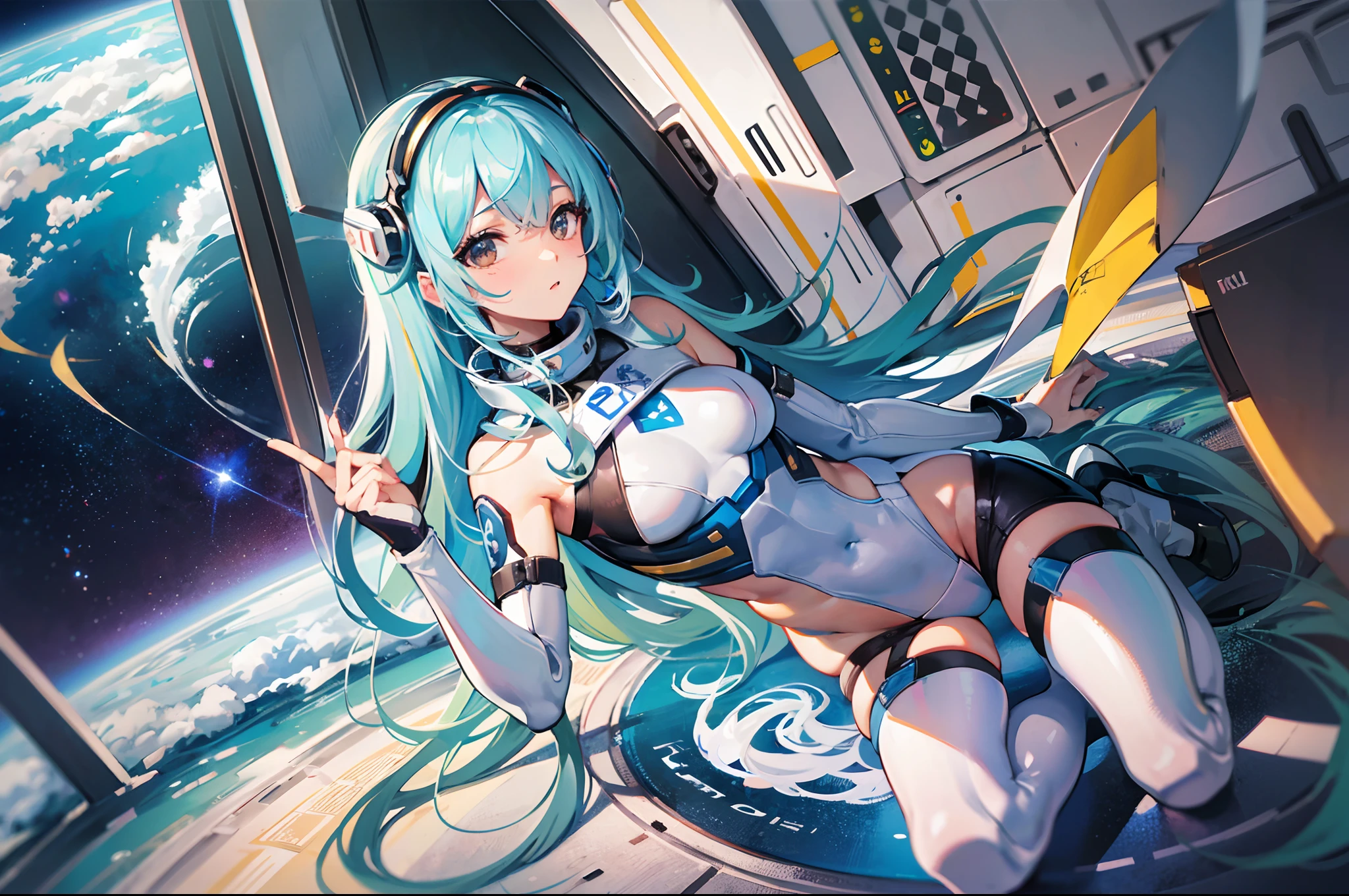 ((masterpiece))、((Top image quality))、((Top image quality))、(Illustration of one girl)、full body Esbian、((a beauty girl))、(neuter)、((Light blue long hair))、shairband、Black eyes、((Brown-skinned))、(Toned body)、abdominals、((White pilot suit))、((Inside the spaceship))、(Outside the window、kosmos、Earth seen from space、Spaceport)