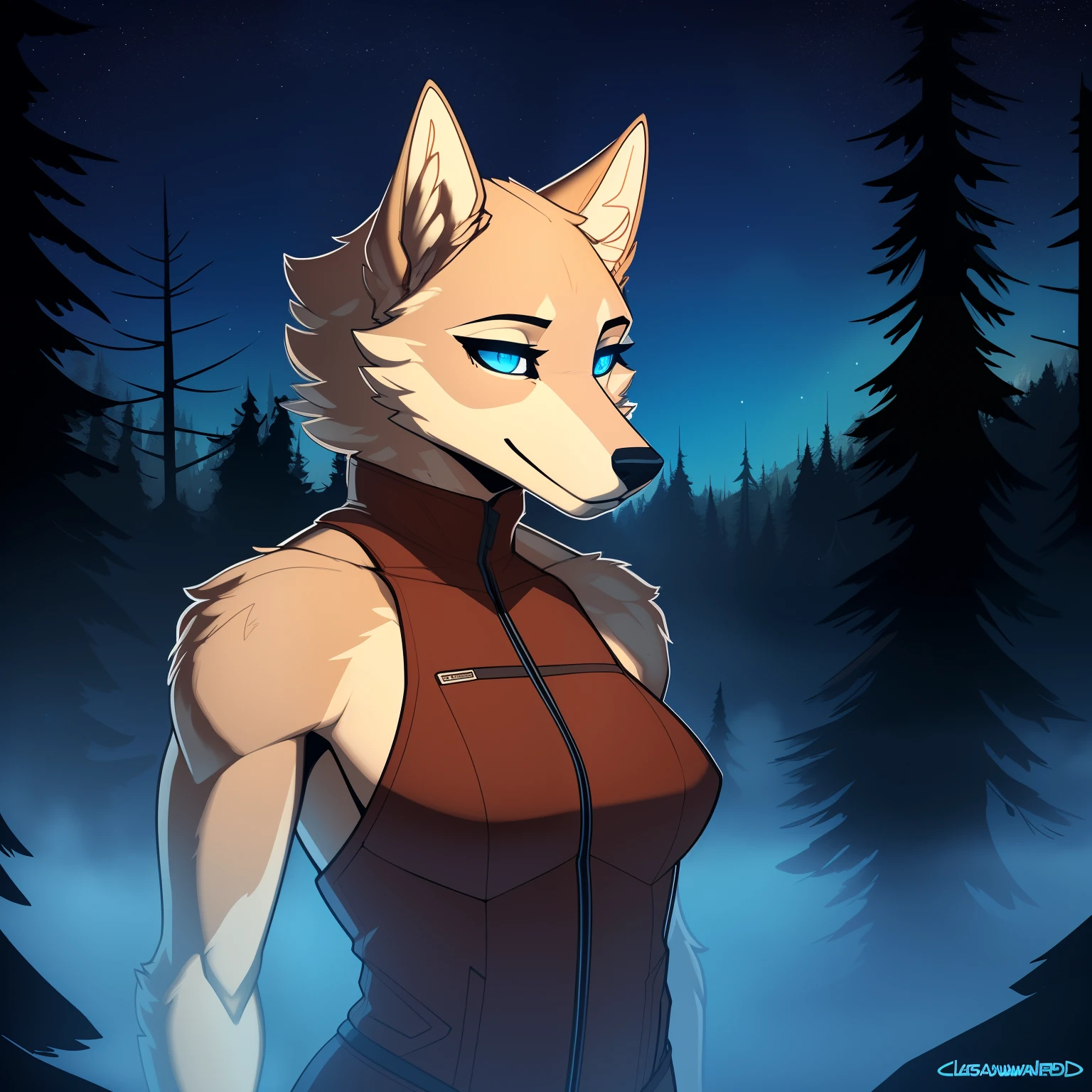 Lanky_timberwolf female tan_furry_body vivid_blue_eyes very_fluffy foggy_forest starry_sky solo Masterpiece best_quality absurdres highly_detailed cleanly_drawn_eyes anthro_only by_claweddrip, by_greasymojo, by_underscore-b, by_runawaystride