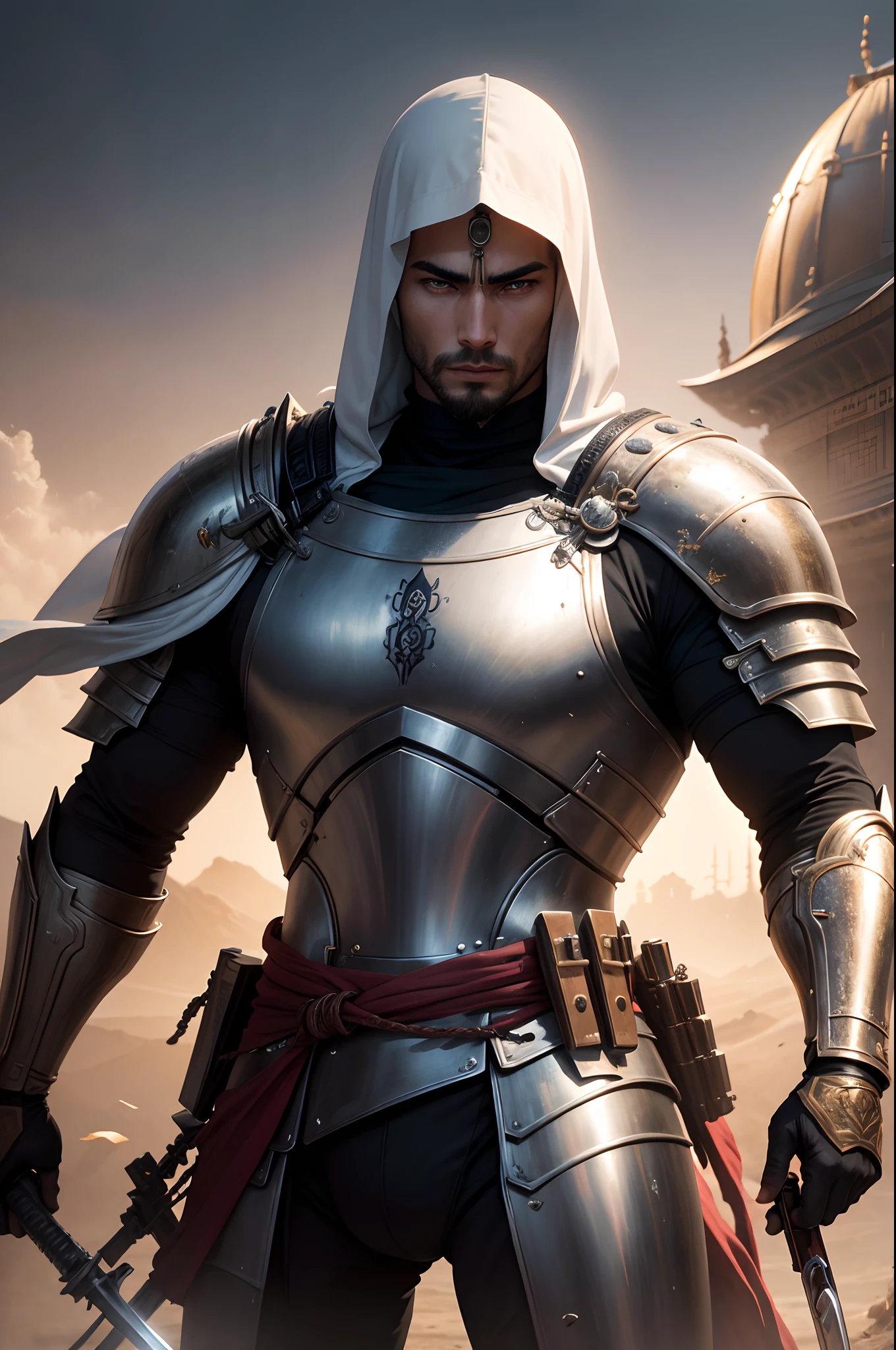 (Sci-fi fantasy), (Masterpiece), (professional oil painting) (best quality), (8k resolution), two men,, the first is Arabic knight, the second is Japanese Samurai, theSamurai, Arabian knight, Arabic knight vs  Samurai, Arabic knight uniform, Samurai uniform, Arabic sword, Samurai sword, Arabic Sword vs Samurai Sword, focusing on sword, forcus on Arabic knight and Samurai, both appeared in photo