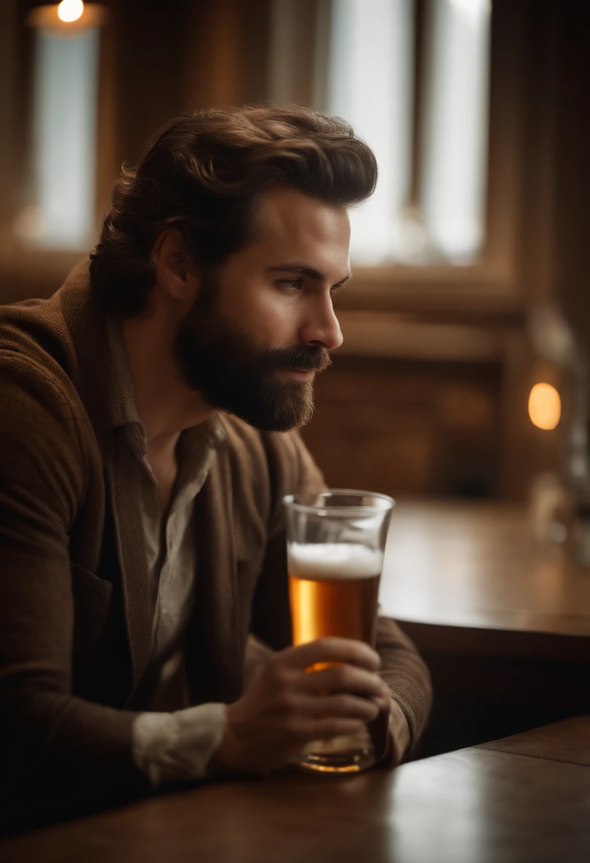 (best quality,highres),man sitting,(realistic,photorealistic:1.37),detailed face and expression,gentle eyes,subtle smile,classic portrait style,warm color tones,soft and even lighting,detailed clothing,calm and peaceful atmosphere, 3 day beard, holding a beer, not very muscular,