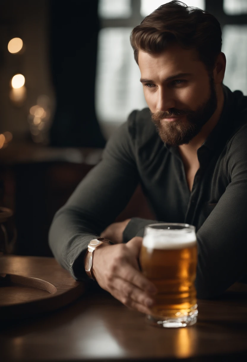 (best quality,highres),man sitting,(realistic,photorealistic:1.37),detailed face and expression,gentle eyes,subtle smile,classic portrait style,warm color tones,soft and even lighting,detailed clothing,calm and peaceful atmosphere, 3 day beard, holding a beer, not very muscular,