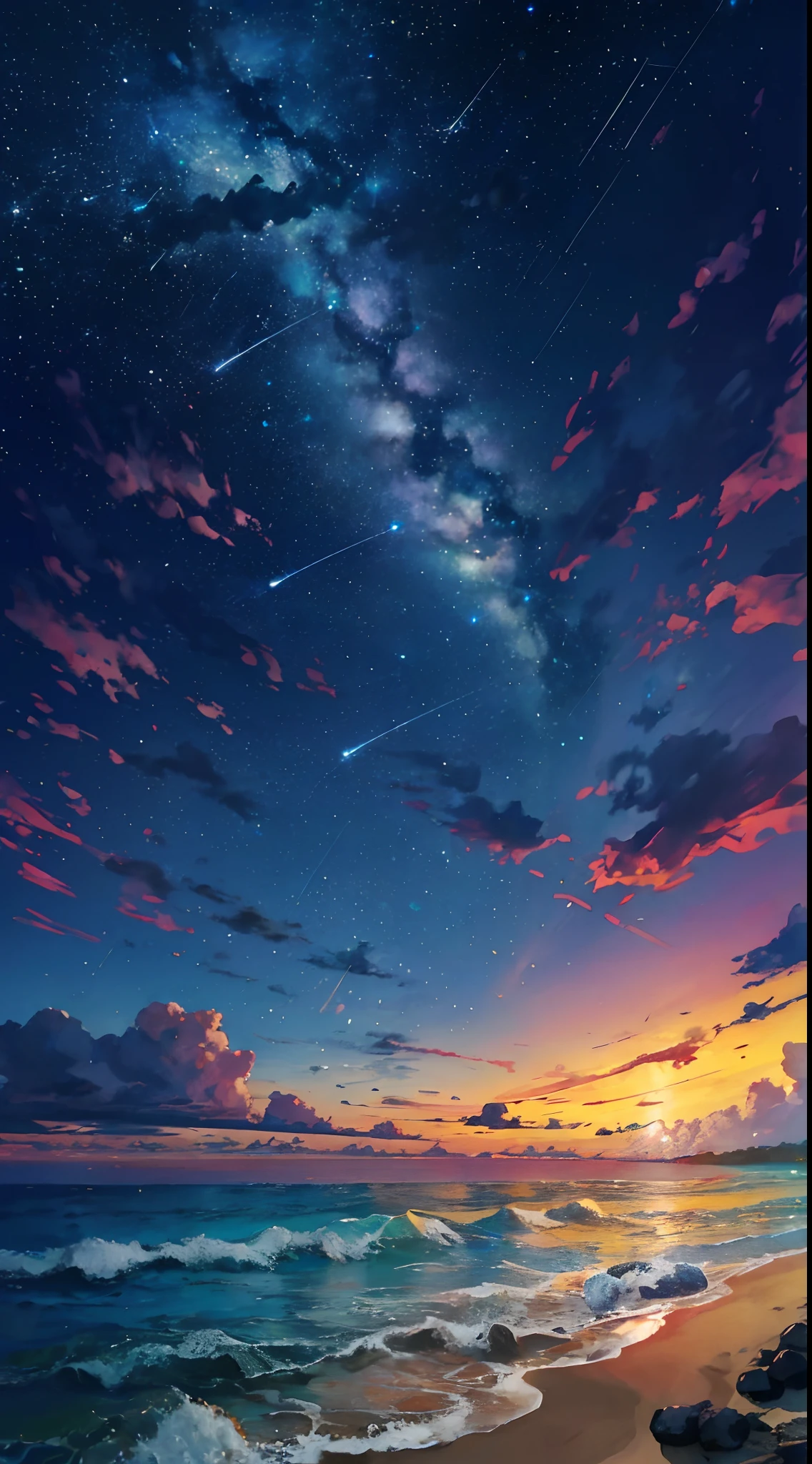 (zoom:1.1), (meteor shower:1.2), (comet:1.1), low angle, arora borealis, shooting star, top quality, masterpiece, clouds, colorful, southeast Asian beach, summer, seascape, small islands