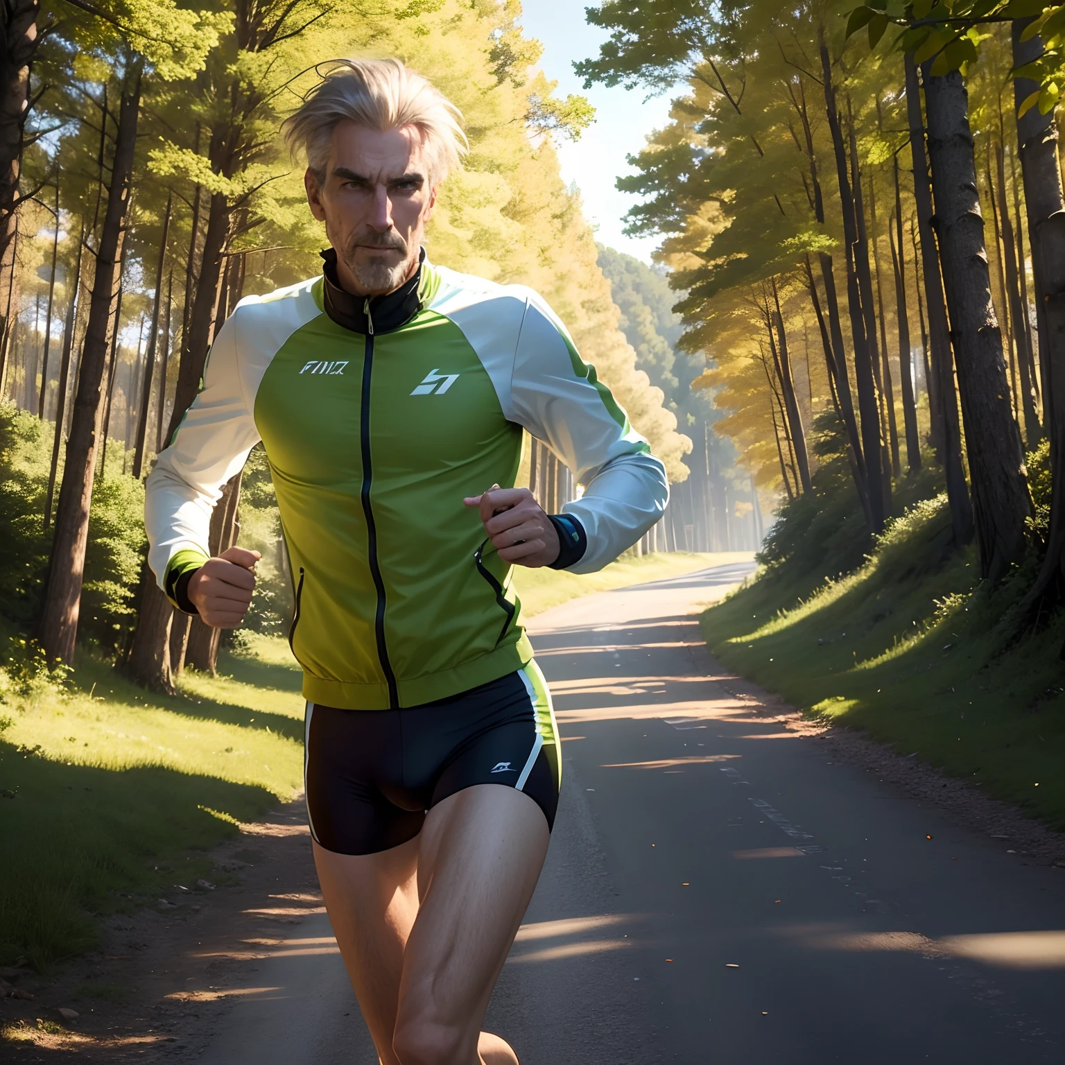 Vous visualisez Jim Fixx, dressed in running gear, courant sur une route de campagne pittoresque au lever du soleil. His face is focused, and his legs move quickly. The path winds through green hills and trees. The sun rises on the horizon, creating a peaceful and serene atmosphere, in contrast to the tragic outcome to come.