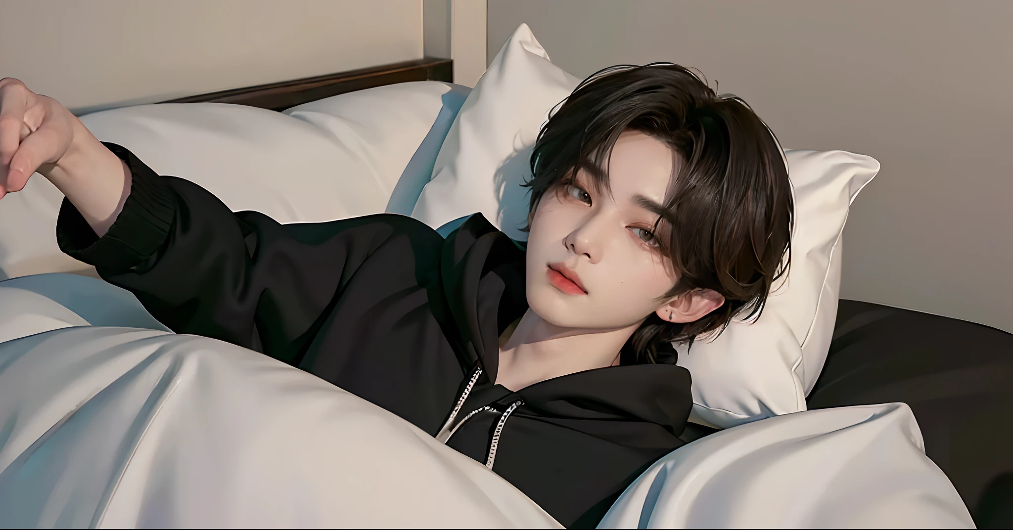 ((4K works))、​masterpiece、（top-quality)、((high-level image quality))、((One Manly Boy))、Slim body、((Stylish black hoodie))、(Detailed beautiful eyes)、Stylish bedroom、Selfie with head on pillow、Face similar to Chaewon in Ruseraphim、((short hair above the ears))、((Smaller face))、((Neutral face))、((Light brown eyes))、((Korean boy))、((18year old))、((Handsome man))、((Wild look))、((Korean Makeup))、((elongated and sharp eyes))、((Happy dating))、((Lying on the futon with your head on the pillow))、((Shooting from the side))、((He gives the viewer an arm pillow))、((Only the upper part of the body is visible))、((He sleeps next to the viewer))、(((selfee)))