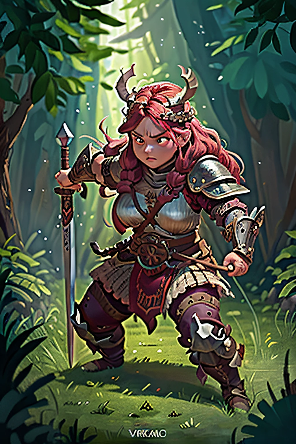 A Viking warrior woman wearing heavy Viking armor and brandishing a formidable weapon, exhibiting a strong and determined warrior presence. Certifique-se de que o fundo retrate de forma realista a beleza acidentada de uma paisagem viking