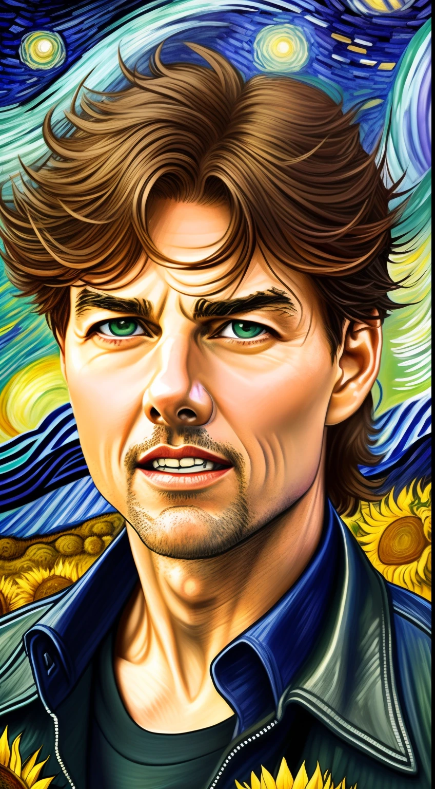 Tom Cruise with a confident and passionate expression, wearing a shirt, short hair, deeply sculpted eyes, small eyes, frontal gaze. The portrait of this man is highly detailed with the best quality, 4k resolution, and high resolution. The artwork is an illustration style, inspired by Van Gogh's "Starry Night". The color palette should have vibrant and vivid colors, capturing the essence of the "Starry Night". The lighting should emphasize the contours of Tom Cruise's face and create a sense of depth. The background features a field of sunflowers, reminiscent of Van Gogh's famous painting.