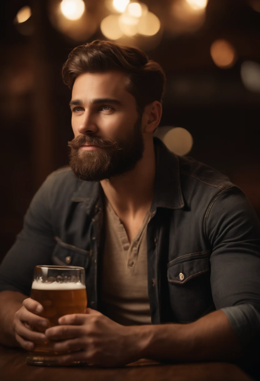 (best quality,highres),man sitting,(realistic,photorealistic:1.37),detailed face and expression,gentle eyes,subtle smile,classic portrait style,warm color tones,soft and even lighting,detailed clothing,calm and peaceful atmosphere, light beard, holding a beer,