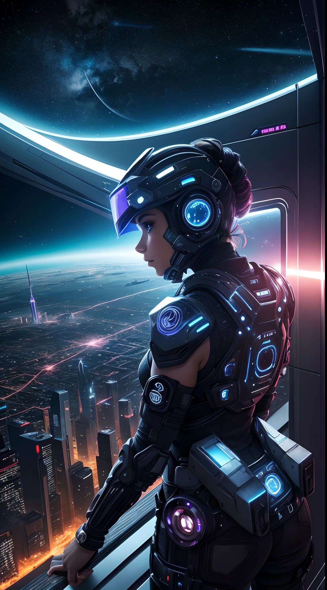Una calidad de imagen ultra alta、highest qualityr、Ciudad del futuro、cyberpunked、Luz vibrante、Rascacielos、en las nubes、Vista del universo、Mundo SF、