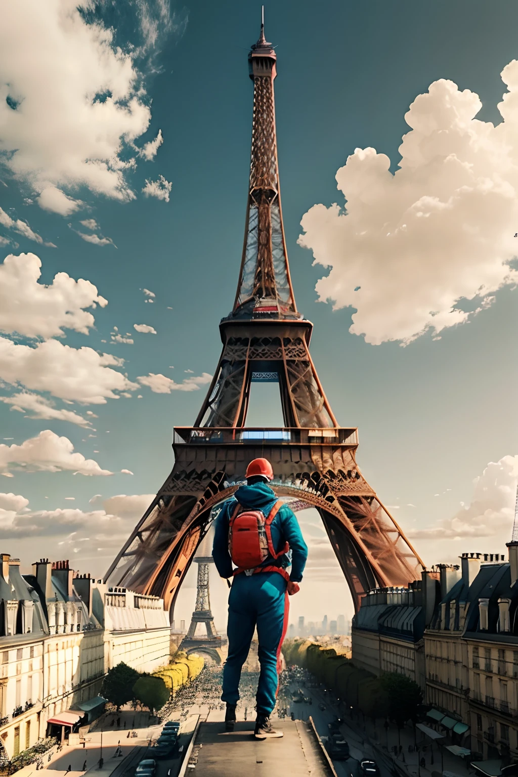 You see a man dressed in a rudimentary parachute suit on the roof of the majestic Eiffel Tower in Paris. Il se tient au bord du rebord, arms outstretched, Ready to jump into the sky. Le vent agite son costume fait de drap et de fil. in background, the Eiffel Tower rises majestically, avec la ville de Paris en toile de fond.