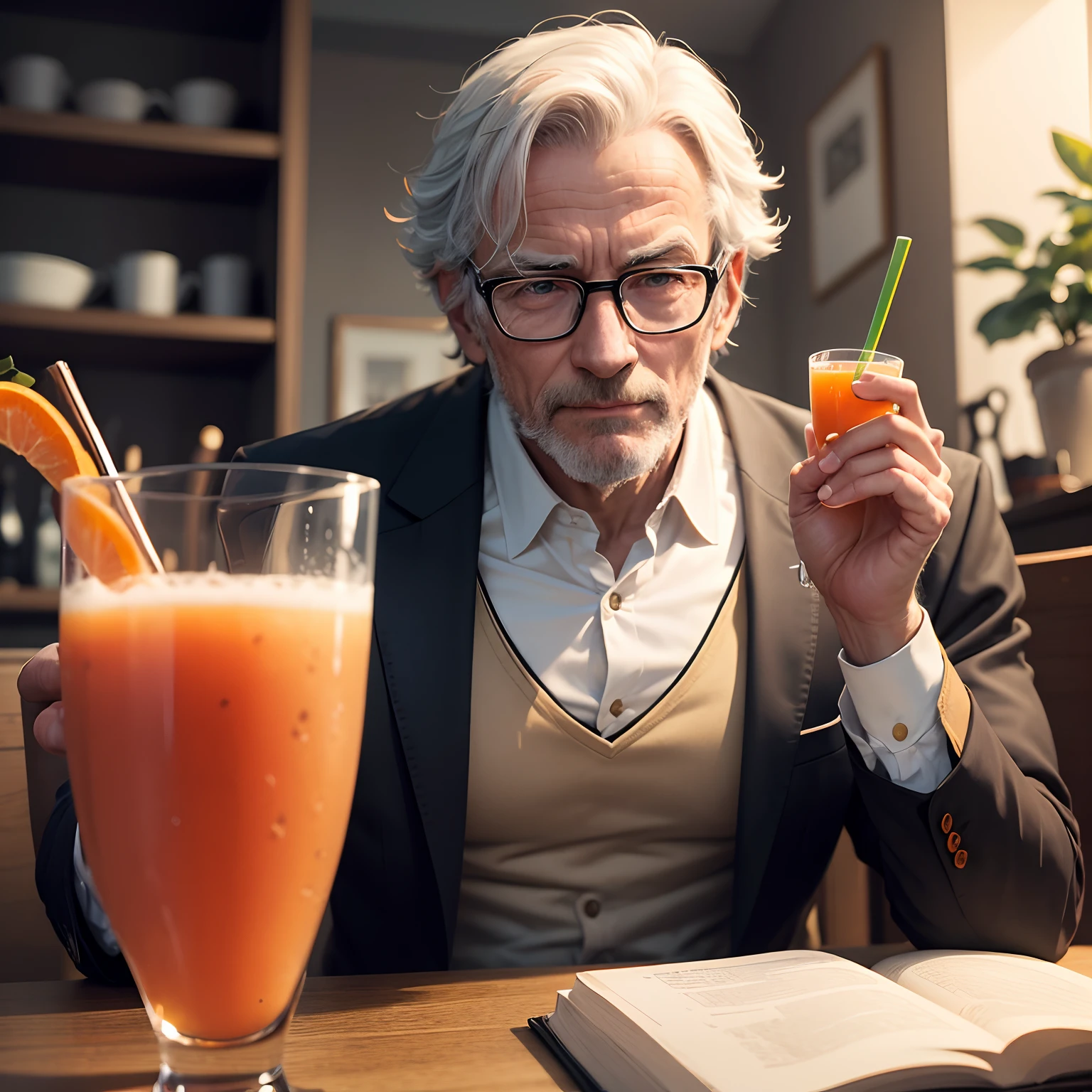 The image shows Basil Brown sitting at a table, surrounded by glasses of bright orange carrot juice. He holds a glass in his hand, sur le point de le boire. His face is serious, montrant sa conviction en la puissance de la carotte. Glasses of carrot juice are lined up in front of him, creating a vivid image of his determination to improve his health.