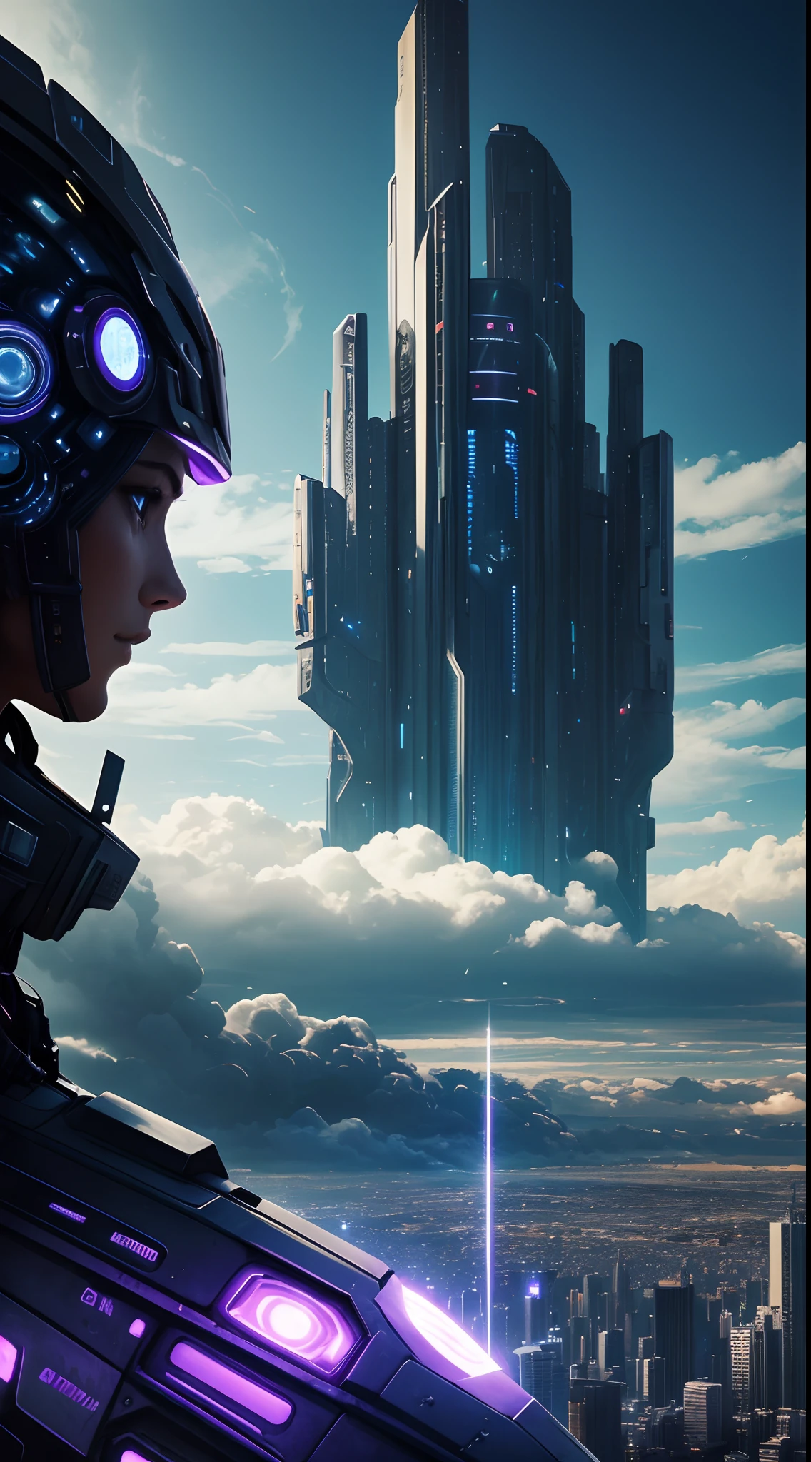 Una calidad de imagen ultra alta、highest qualityr、Ciudad del futuro、cyberpunked、Luz vibrante、Rascacielos、en las nubes、Vista del universo、Mundo SF、