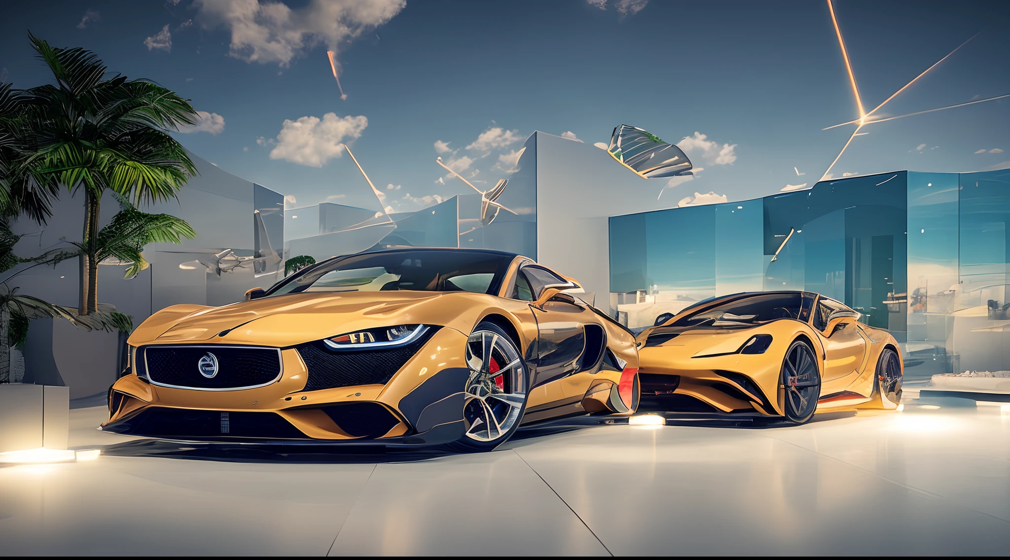 Create an ultra-realistic image of a millionaire with all the symbols of success around him. Inclui um carro de luxo, a mansion, uma pilha de dinheiro e uma mulher bonita ao lado dele. Esta imagem deve transmitir a ideia de prosperidade e riqueza