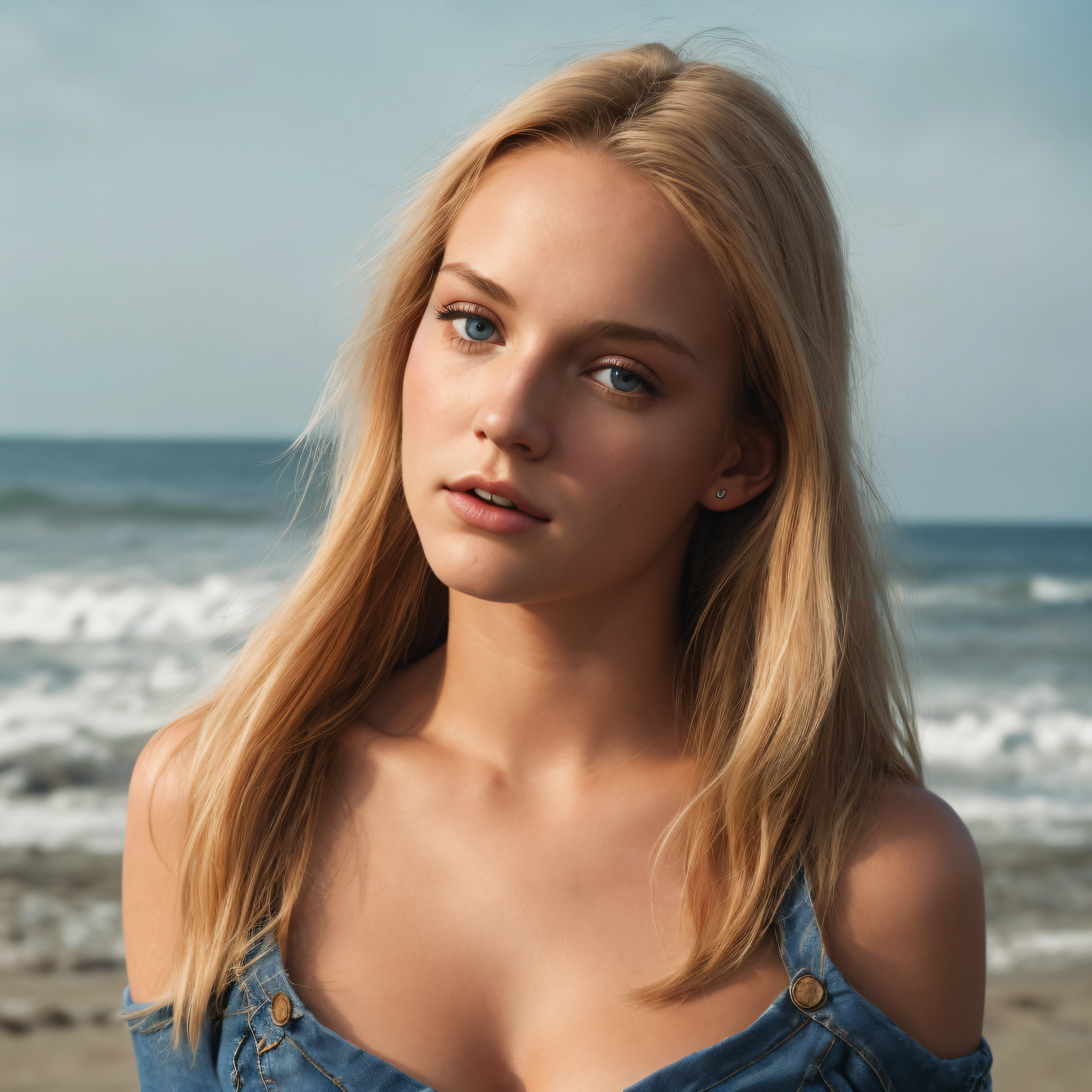 (plan large, editorial photograph of a 21 year old woman), (high detail face:1.4) (sourire:0.7) (cheveux blond, yeux brun), (poitrine moyenne), (Look lock in camera), (face detailed) (bare shoulders, crop top rouge, short en jeans bleu), (Background at the beach, private study:1.3) POV, Par Lee Jeffries, Nikon D850, Photographie de film ,4 Kodak Portra 400 ,camera f1.6 lentilles ,couleurs riches ,hyper realistic ,lifelike texture, dramatic lighting , Cinestill 800,
