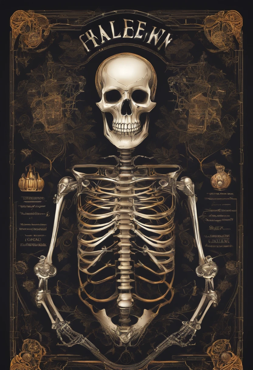 cyber skeleton: Draw a skeleton with cybernetic elements, como fios e circuitos, incorporating it into the word "Halloween"