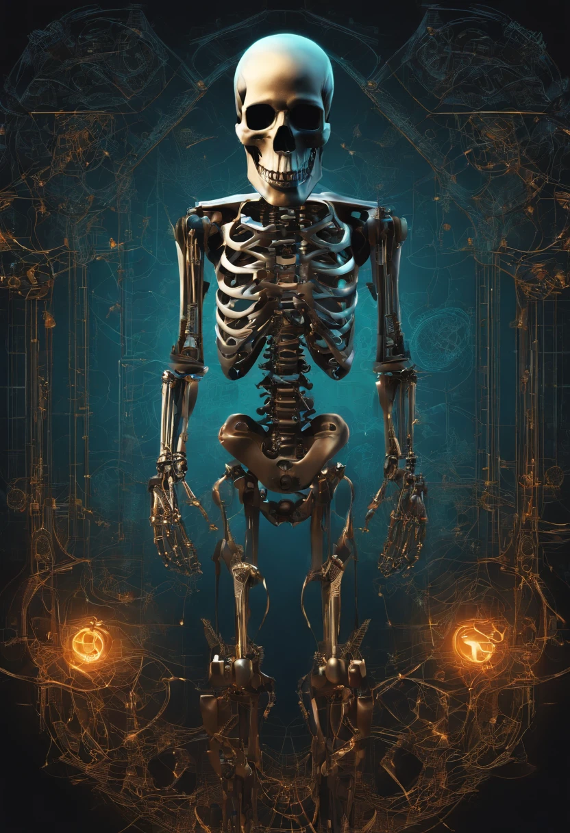 cyber skeleton: Draw a skeleton with cybernetic elements, como fios e circuitos, incorporating it into the word "Halloween"