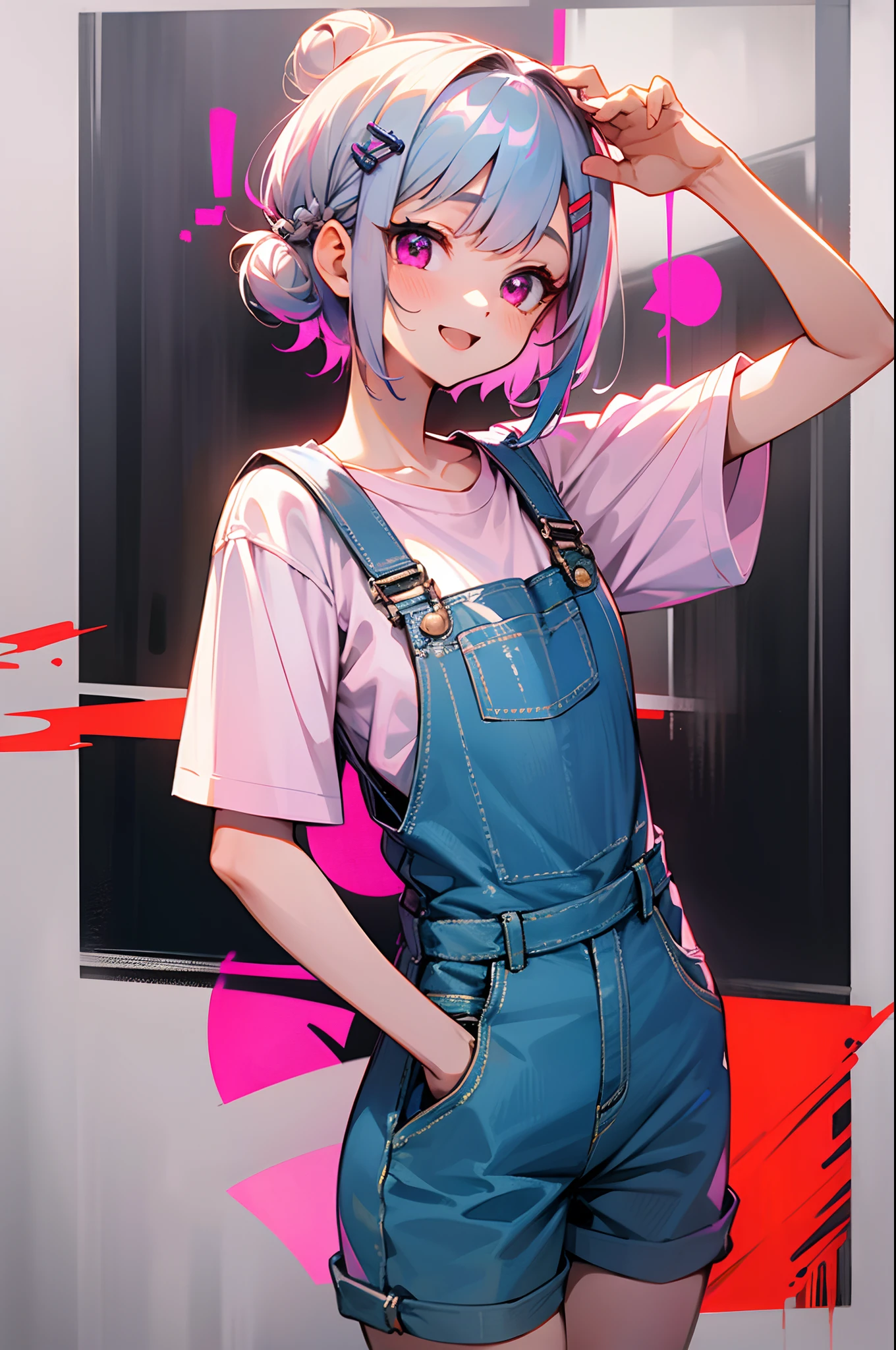 female high-school student、Short hair with silver bob styled in a bun with hair clip, Pink eyes、white t-shirts、 overalls、shortpants、full of shyness、half laugh、frombelow
