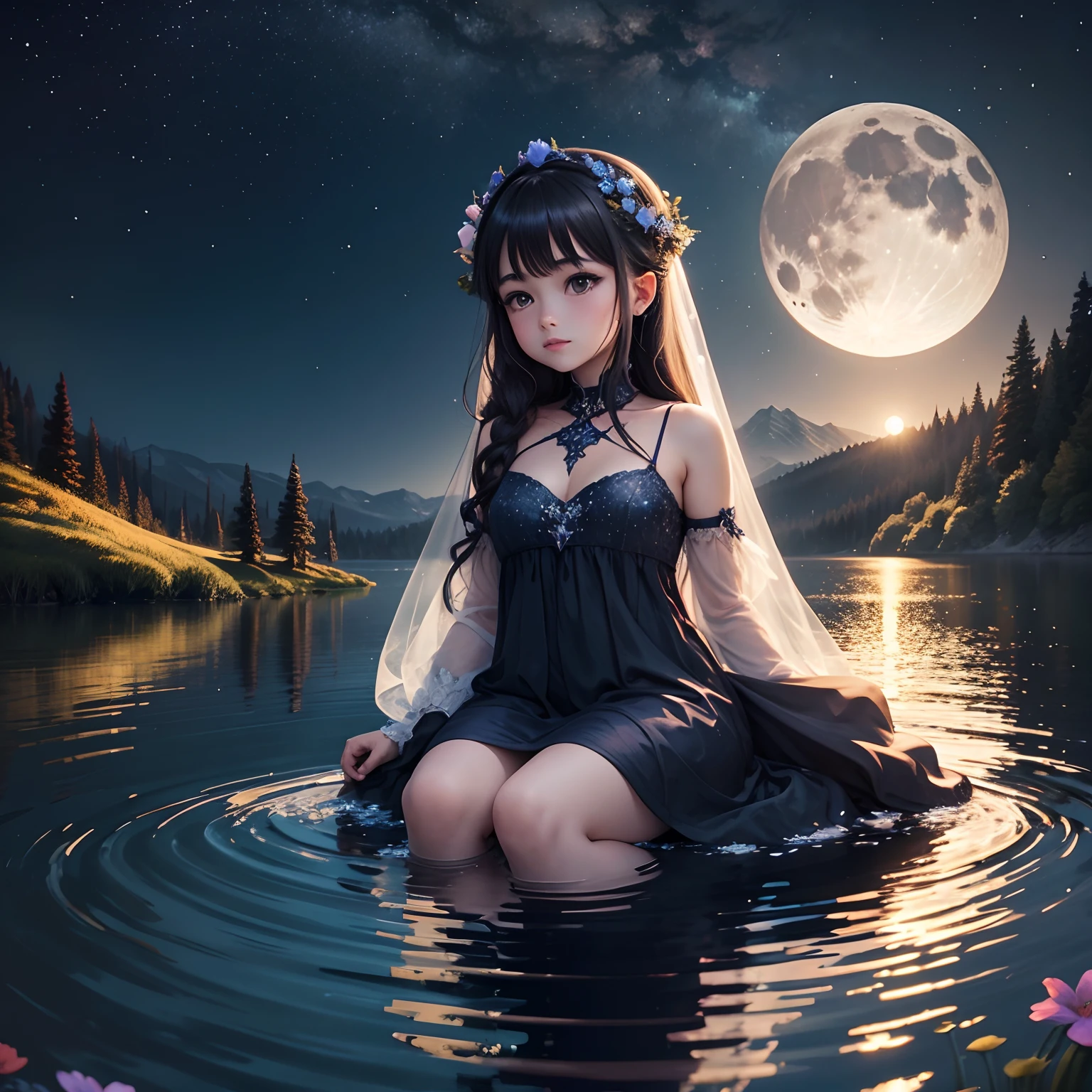 black hair, beautiful girl, slender girl, busty girl, sitting by a circular lake, moon reflecting on the lake, night time, lake middle of the forest, isolated, Surrealism, panorama, ray tracing, bloom, reflection light, god rays, depth of field, wide shot, 8k, super detail, award winning, HD, purple theme