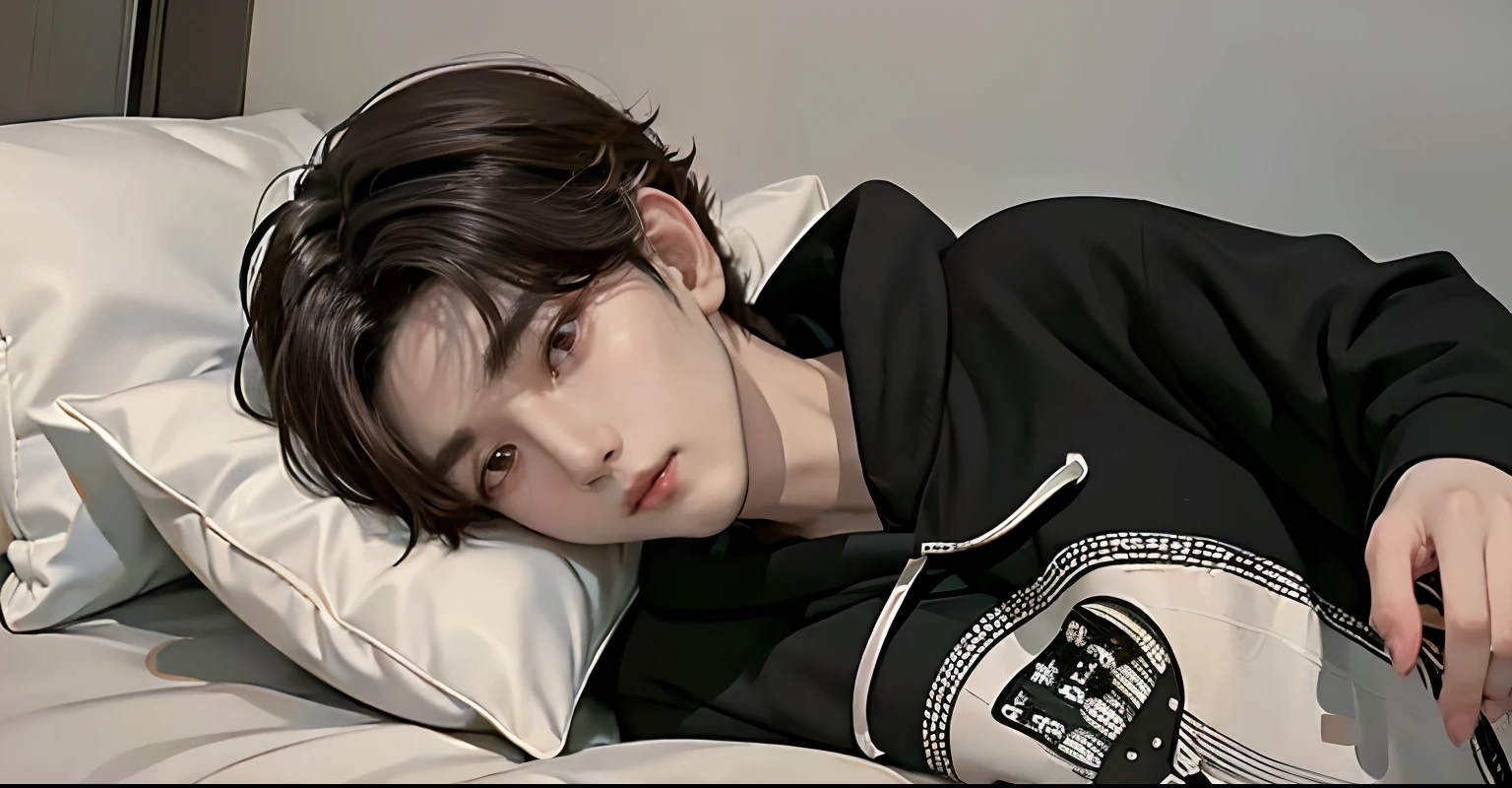 ((4K works))、masterpiece、(top-quality)、((high-level image quality))、((One Manly Boy))、Slim body、((Stylish black hoodie))、(Detailed beautiful eyes)、Stylish bedroom、Selfie with head on pillow、Face similar to Chaewon in Ruseraphim、((short hair above the ears))、((Smaller face))、((Neutral face))、((Light brown eyes))、((Korean boy))、((18year old))、((Handsome man))、((Wild look))、((Korean Makeup))、((elongated and sharp eyes))、((Happy dating))、((Lying on the futon with your head on the pillow))、((Shooting from the side))、((He gives the viewer an arm pillow))、((Only the upper part of the body is visible))、((He sleeps next to the viewer))、(((selfee)))