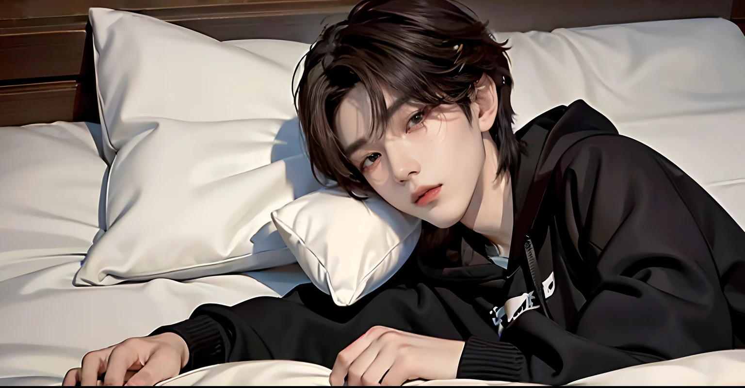 ((4K works))、masterpiece、(top-quality)、((high-level image quality))、((One Manly Boy))、Slim body、((Stylish black hoodie))、(Detailed beautiful eyes)、Stylish bedroom、Selfie with head on pillow、Face similar to Chaewon in Ruseraphim、((short hair above the ears))、((Smaller face))、((Neutral face))、((Light brown eyes))、((Korean boy))、((18year old))、((Handsome man))、((Wild look))、((Korean Makeup))、((elongated and sharp eyes))、((Happy dating))、((Lying on the futon with your head on the pillow))、((Shooting from the side))、((He gives the viewer an arm pillow))、((Only the upper part of the body is visible))、((He sleeps next to the viewer))、(((selfee)))