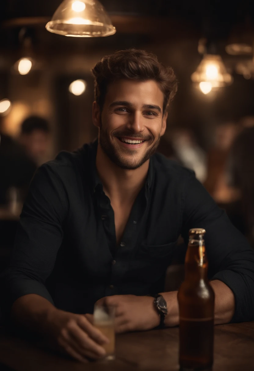 (Best quality,high resolucion),Jeune homme assis,(Realstic,photoreallistic:1.37),Detailed face and expression,yeux doux,Sourire subtil,Style portrait classique,tons de couleurs chaudes,Soft and uniform lighting,detailed clothing,Quiet and peaceful atmosphere, holding a beer, not very muscular, dans un pub traditionnel