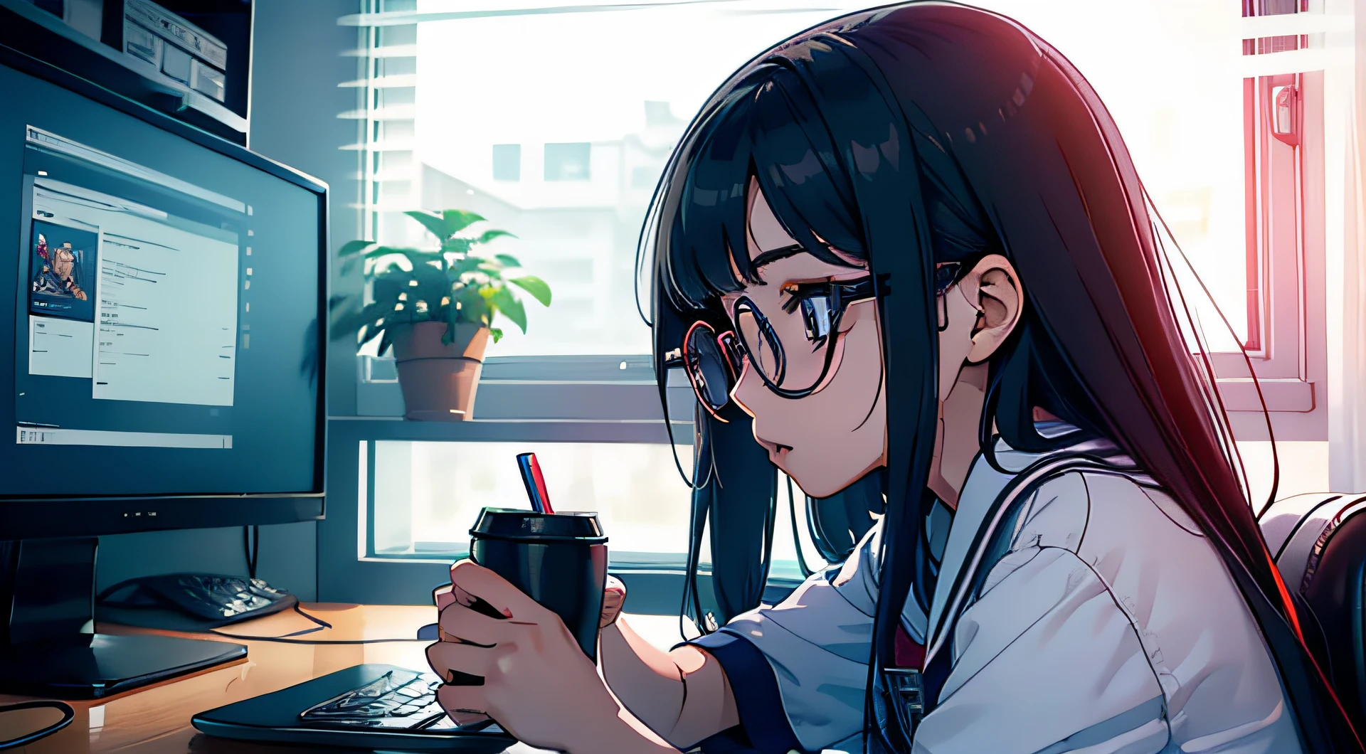 no quarto, Menina de perfil, de uniforme escolar, sentada em uma cadeira gamer。With eye Glasses, de frente do computador, estudando, chovendo, cup of coffee, 8k,