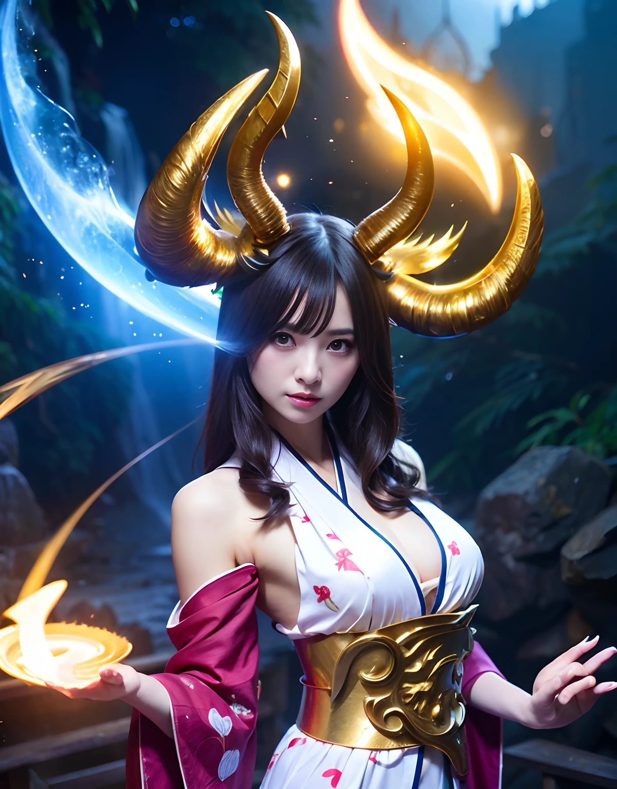 ((World of Darkness)),Professional , ​masterpiece、top-quality、photos realistic , depth of fields 、（sexypose）、Oiran hairstyle、Maiko's hairstyle、(White maple on full bloom background),（Ultimate Beauty）、A dark-haired、（shrine background)、（Kimono with beautiful pattern）、（Night background）、Beautiful hair ornament on the head、（（Precipitous cliffs））,(Wear a beautiful kimono),（Wear a beautiful kimono with colorful floral patterns）、Jewel Gold Weapon、Particles of light),(Wearing a wizard's hat）、Gorgeous gold weapons ,Castle background、（（ Gorgeous Dragon Sword）） , （a dark night）,,（maikurobikini） 、（（Black Haired Beautiful Girl））、（Castle background）、（demonic wings）、（（Gangle's forest background））、Beautiful Caucasian beauty、１a person、dynamic ungle,(((Two devil's horns on the head)))、Smaller head、Idle Smile、Thin and beautiful female hands、Mystical expression、Light Effects、intense fighting、Wind-effect、magic circles、With the legendary magic wand、Dragon's tail、Full Body Angle、