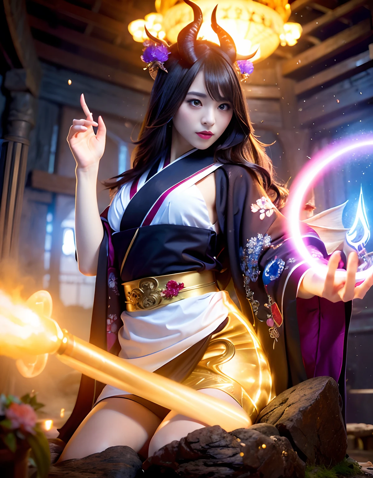 ((World of Darkness)),Professional , masterpiece、top-quality、photos realistic , depth of fields 、(Maiko's hairstyle)、(Maple background in full bloom),(Ultimate Beauty)、Red-haired、(Fight ninjas)、(Kimono with beautiful pattern)、(Night background)、((a dark night)),(Wear a beautiful kimono),(Wear a beautiful kimono with colorful floral patterns)、Jewel Gold Weapon、Particles of light),(Castle background)、Gorgeous gold weapons ,(( Gorgeous weapon Dragon Sword)) , (a dark night),,(maikurobikini) 、((Black Haired Beautiful Girl))、(Castle background)、(demonic wings)、((Gangle's forest background))、Beautiful Caucasian beauty、1a person、dynamic ungle,(((Two devil's horns on the head)))、Smaller head、Idle Smile、Thin and beautiful female hands、Mystical expression、Light Effects、intense fighting、Wind-effect、magic circles、With the legendary magic wand、Dragon's tail、Anatomically correct body、Anatomically correct fingers、