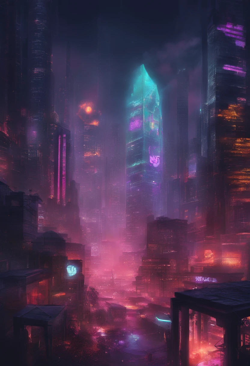 Paisagem urbana sombria: Create an urban night scene with skyscrapers and cyberpunk elements, como hologramas e letreiros iluminados, and put the text "Halloween" in the center.