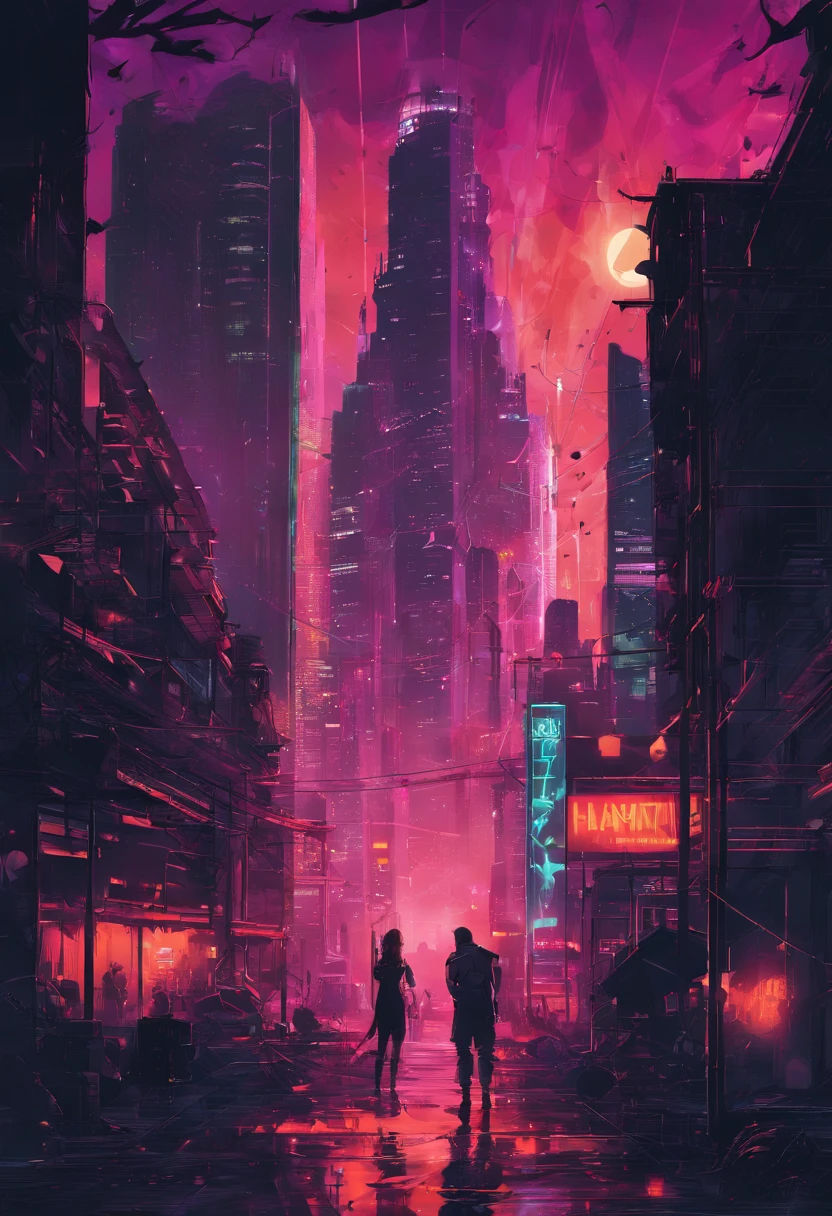 Paisagem urbana sombria: Create an urban night scene with skyscrapers and cyberpunk elements, como hologramas e letreiros iluminados, and put the text "Halloween" in the center.