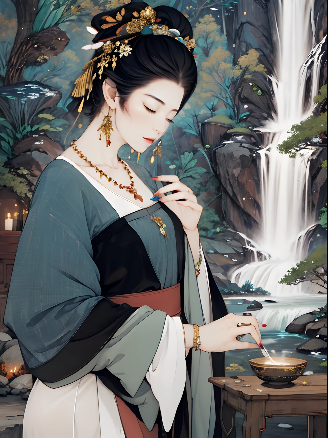 masterpiece, 1girl, nail_polish, jewelry, necklace, black_hair, closed_eyes, solo, dress,black_hair, ancient art, chinese, waterfall