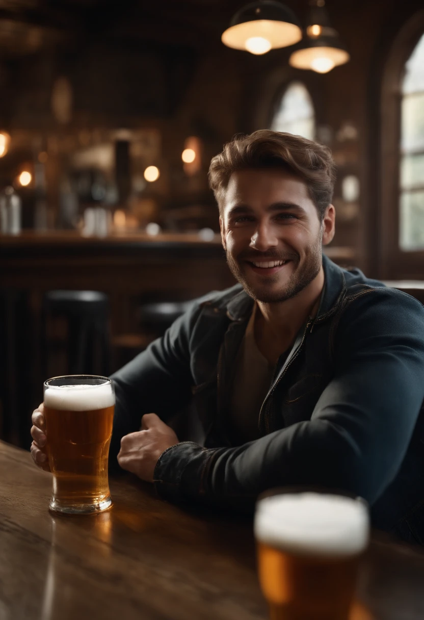 (Best quality,high resolucion),Jeune homme assis,(Real,Realstic,photoreallistic:1.37),Detailed face and expression,yeux doux,Sourire subtil,Style portrait classique,tons de couleurs chaudes,Soft and uniform lighting,detailed clothing,Quiet and peaceful atmosphere, holding a beer, not very muscular, dans un pub traditionnel, Serieux
