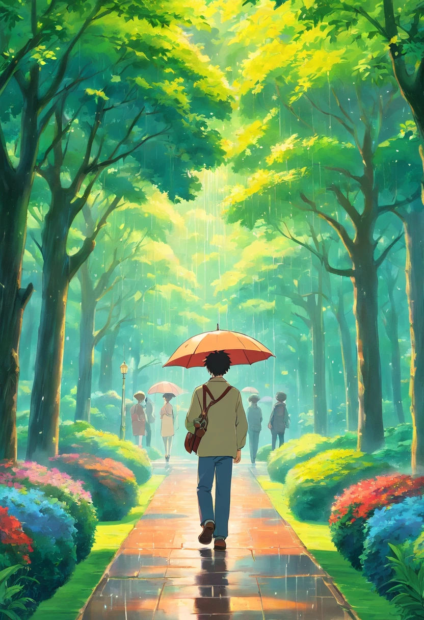 a young man walking in a park , its raining