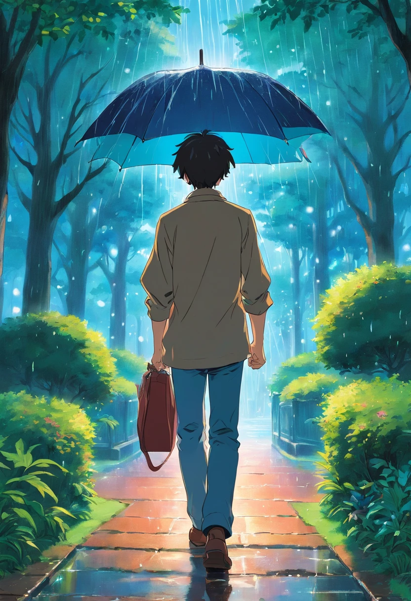 a young man walking in a park , its raining