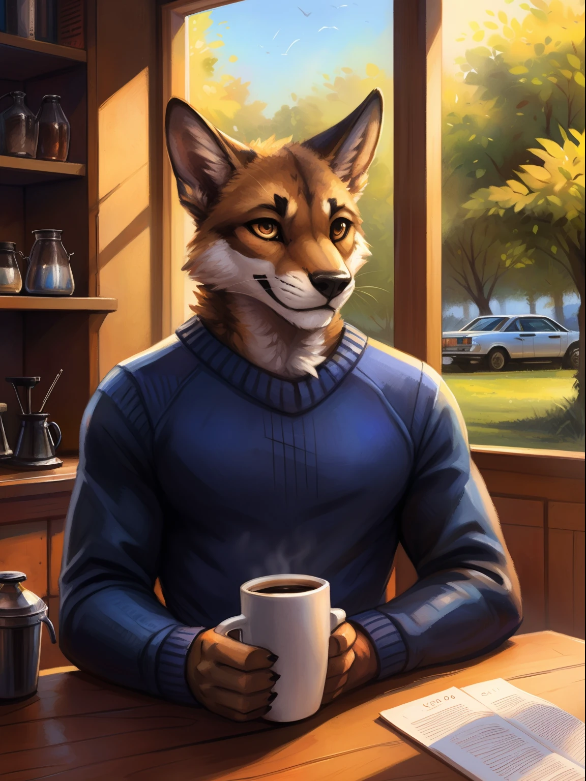 Pelusa-kevlar, por Zackary911, por Kenket, por Kilinah, por Pelusa-kevlar, (Obra maestra), (La mejor calidad), (Antro peludo:1.3, hocico:1.2, Anthro:1.3, peludo:1.2, Solista masculino:1.2), (extremadamente detallado:1.3), (Ojos extremadamente detallados), (Figura musculosa, figura gruesa), (entrepierna abultada), Vaqueros negros, gargantilla, wearing a sweater without shoulders, DAY TIME, (coffee shop background), sentado en una cabina, (Postura perfecta, kind expression),