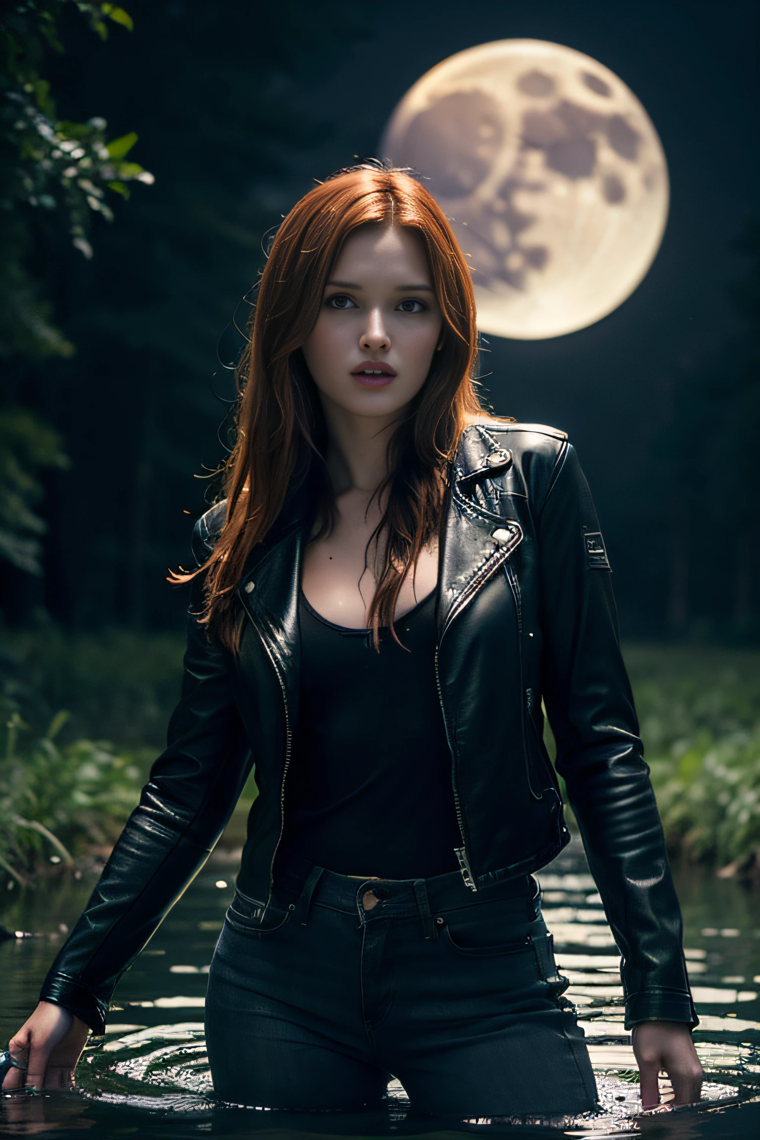 woods, Black Sky, The Moon Through the Clouds, drowning, Tormented by lust, The woman "Bella thorne" drowning in a swamp, Jeans, leather jacket, Meanders, helplessness, The swamp pulls her down,